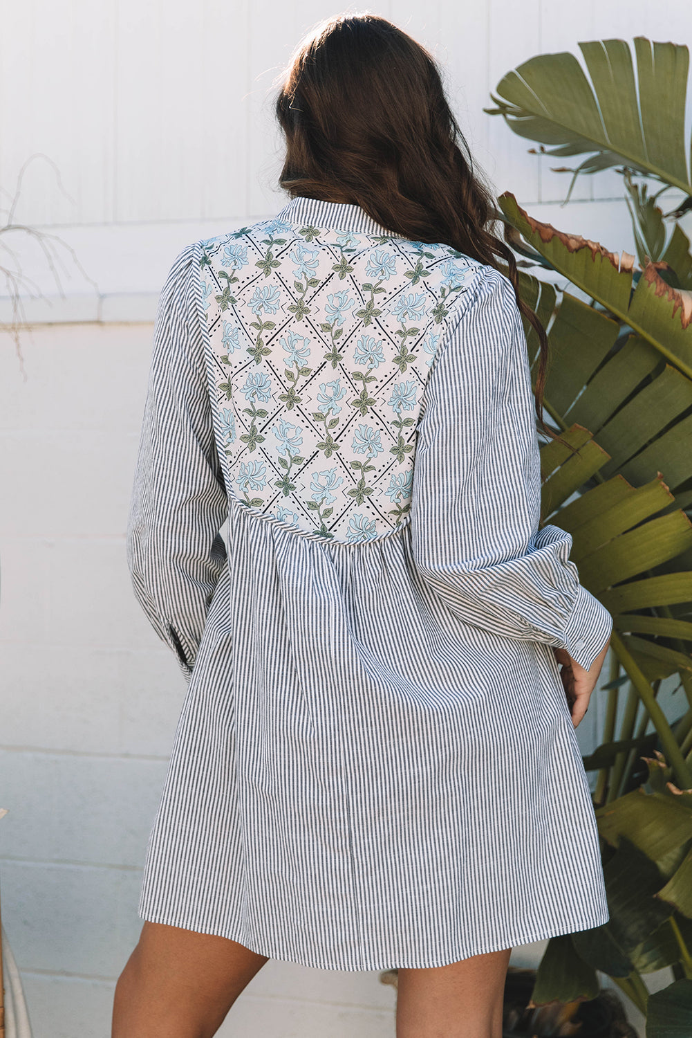 Stripe Floral Patchwork Tied V-Neck Mini Dress