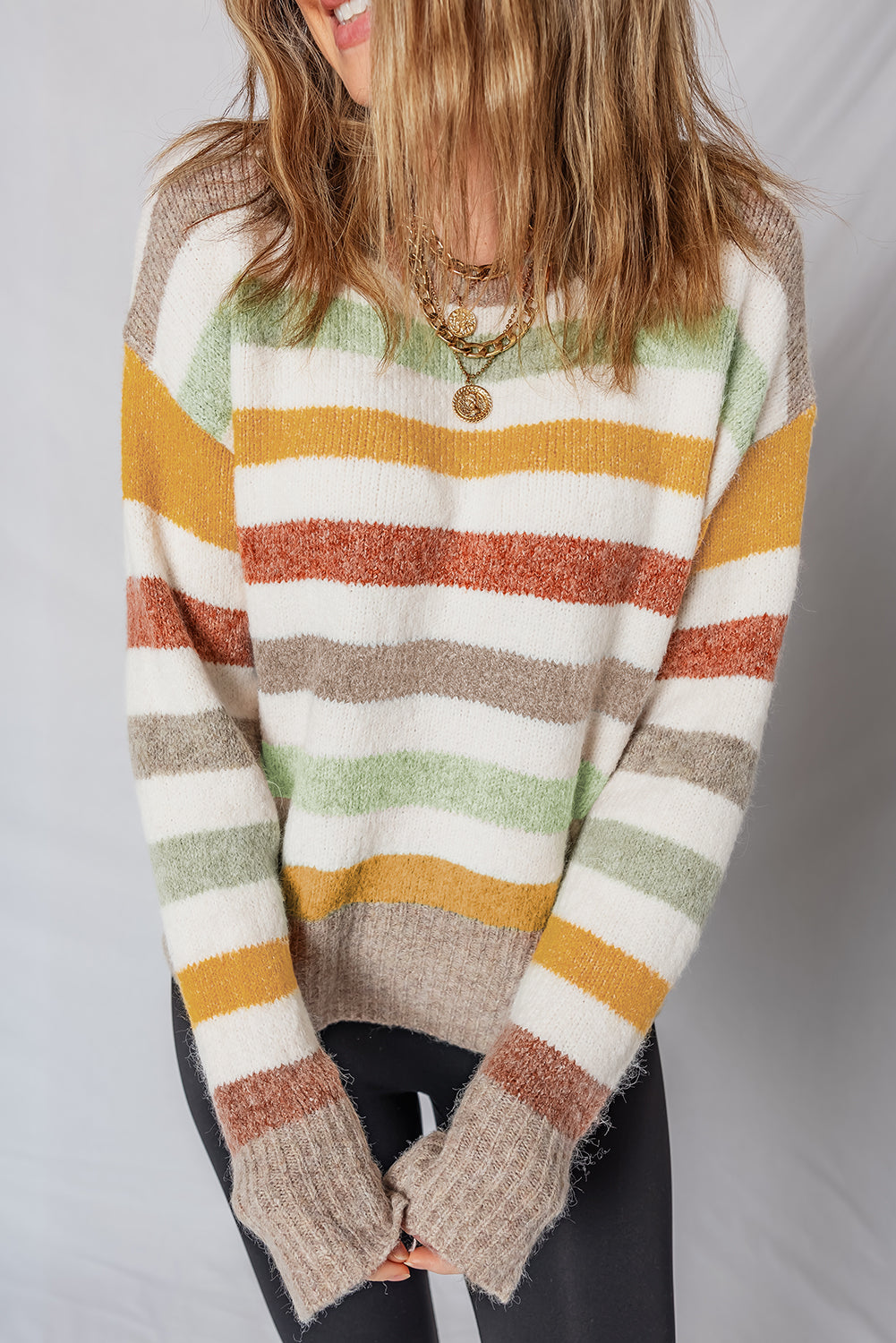 Stripe Colorblock Drop Shoulder Crewneck Sweater