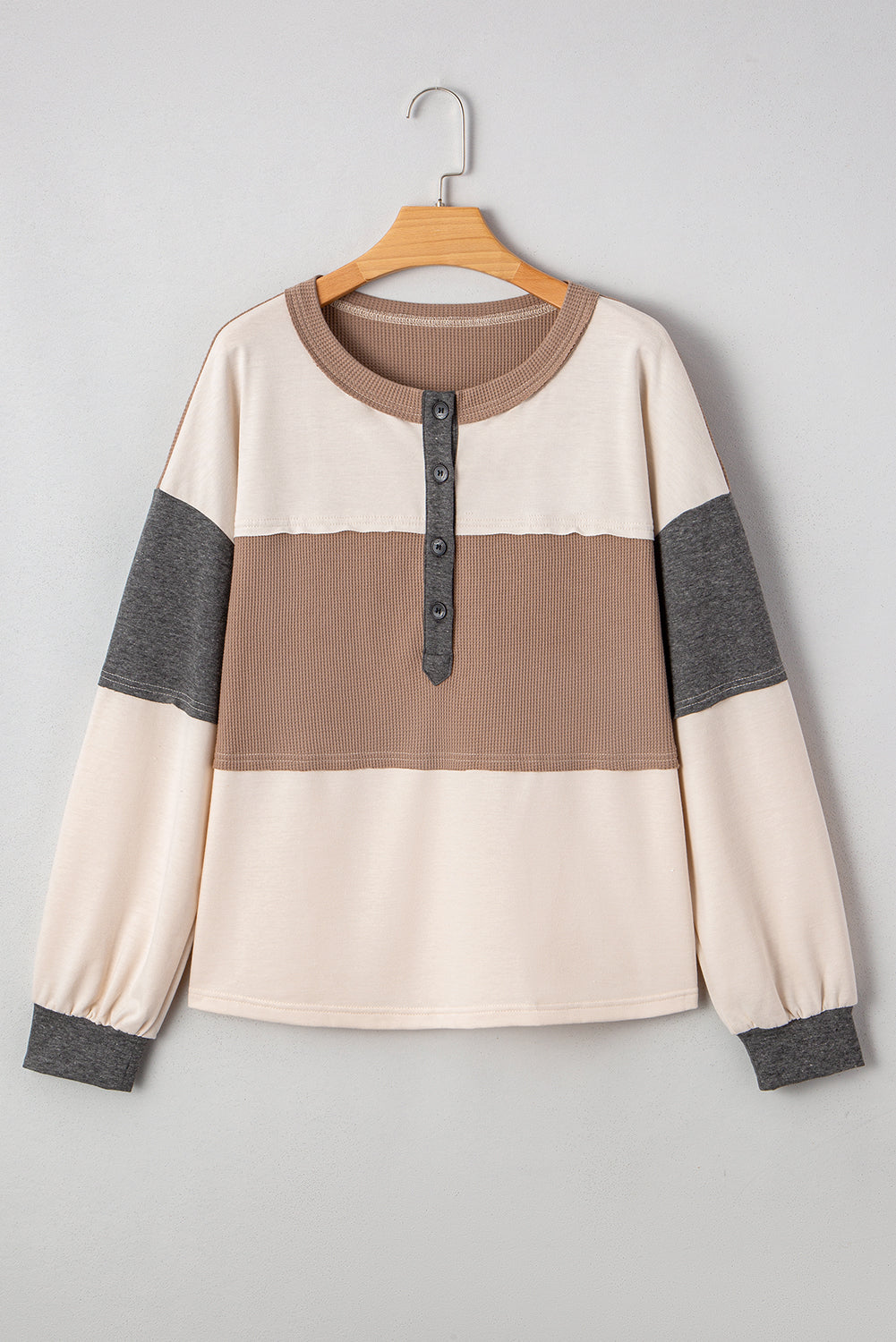Colorblock Waffle Knit Patchwork Henley Top
