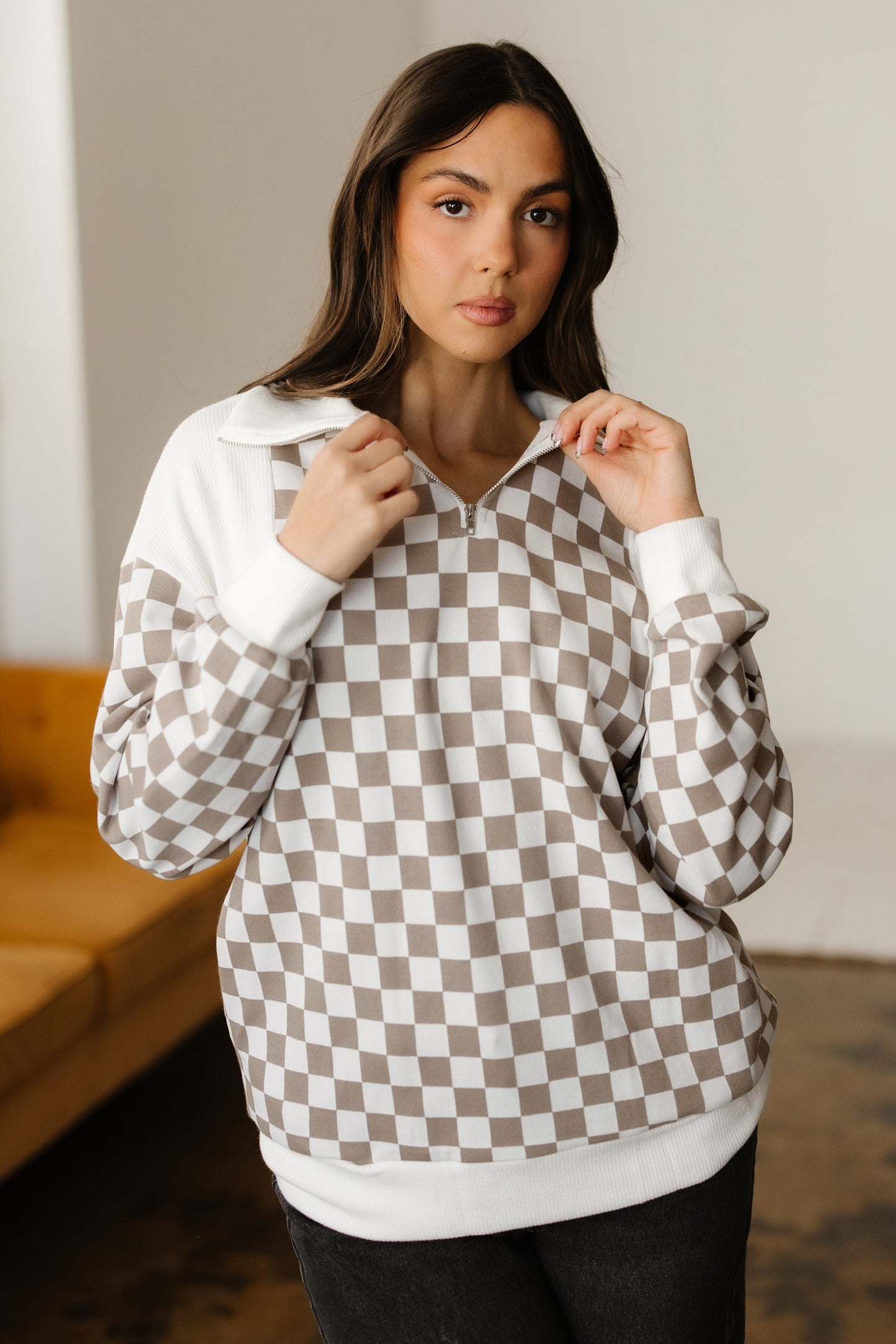 Checker Ribbed Patchwork Quarter Zip Sweatshirt