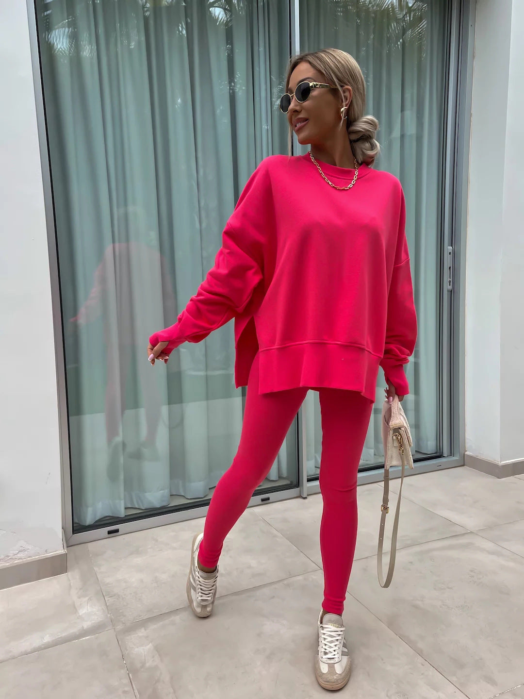 Women’s Casual Sweater Suit – Loose Split Top & Fitted Trousers Set