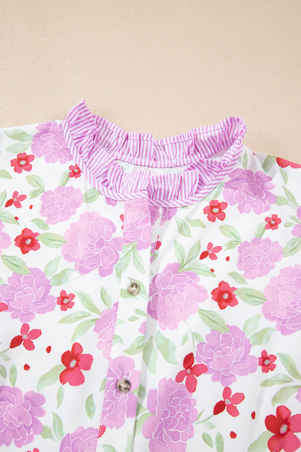 Floral Stripe Trim Frilled Neck 3/4 Sleeve Dress