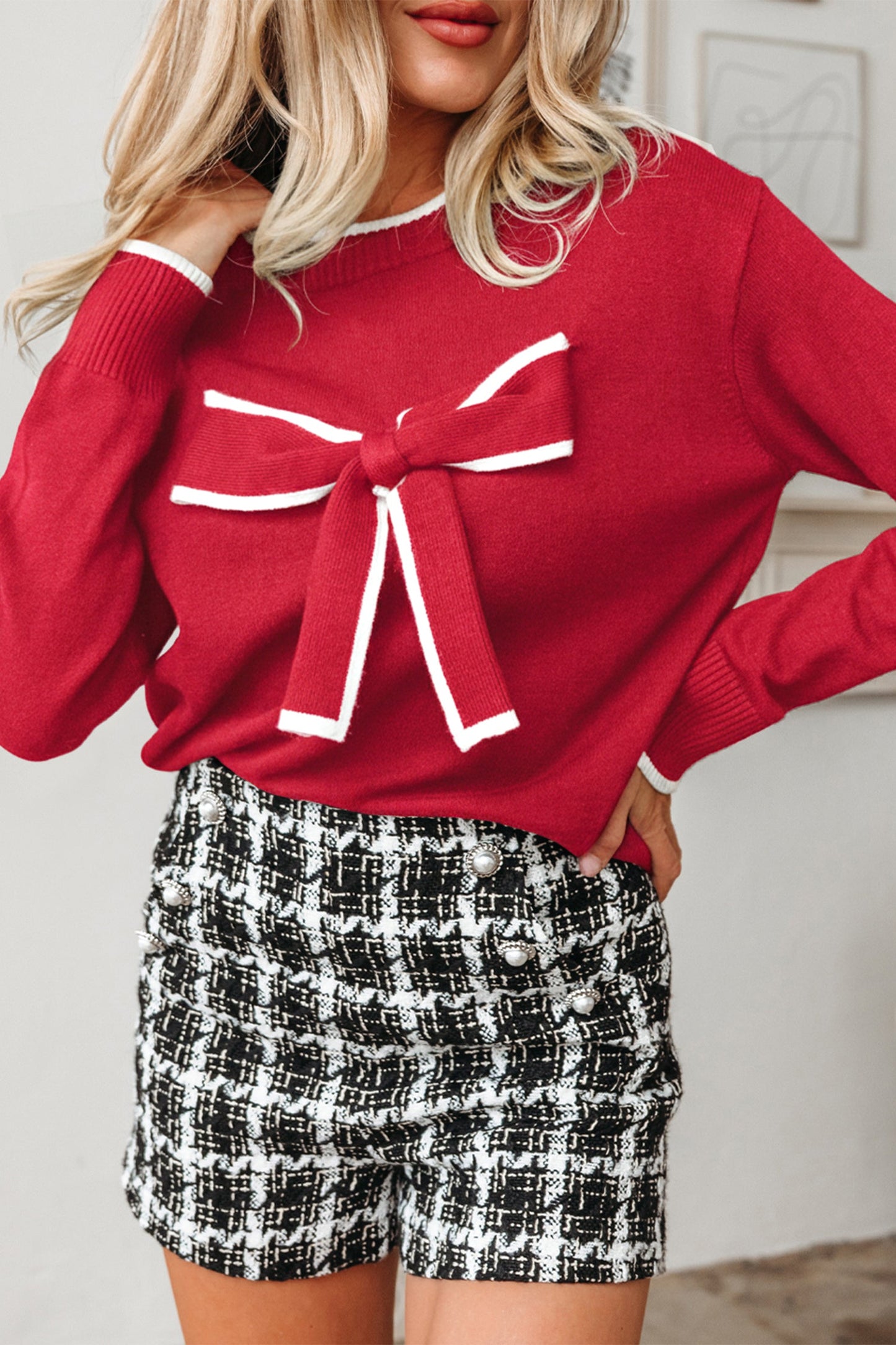 Bow Tie Contrast Trim Cropped Sweater