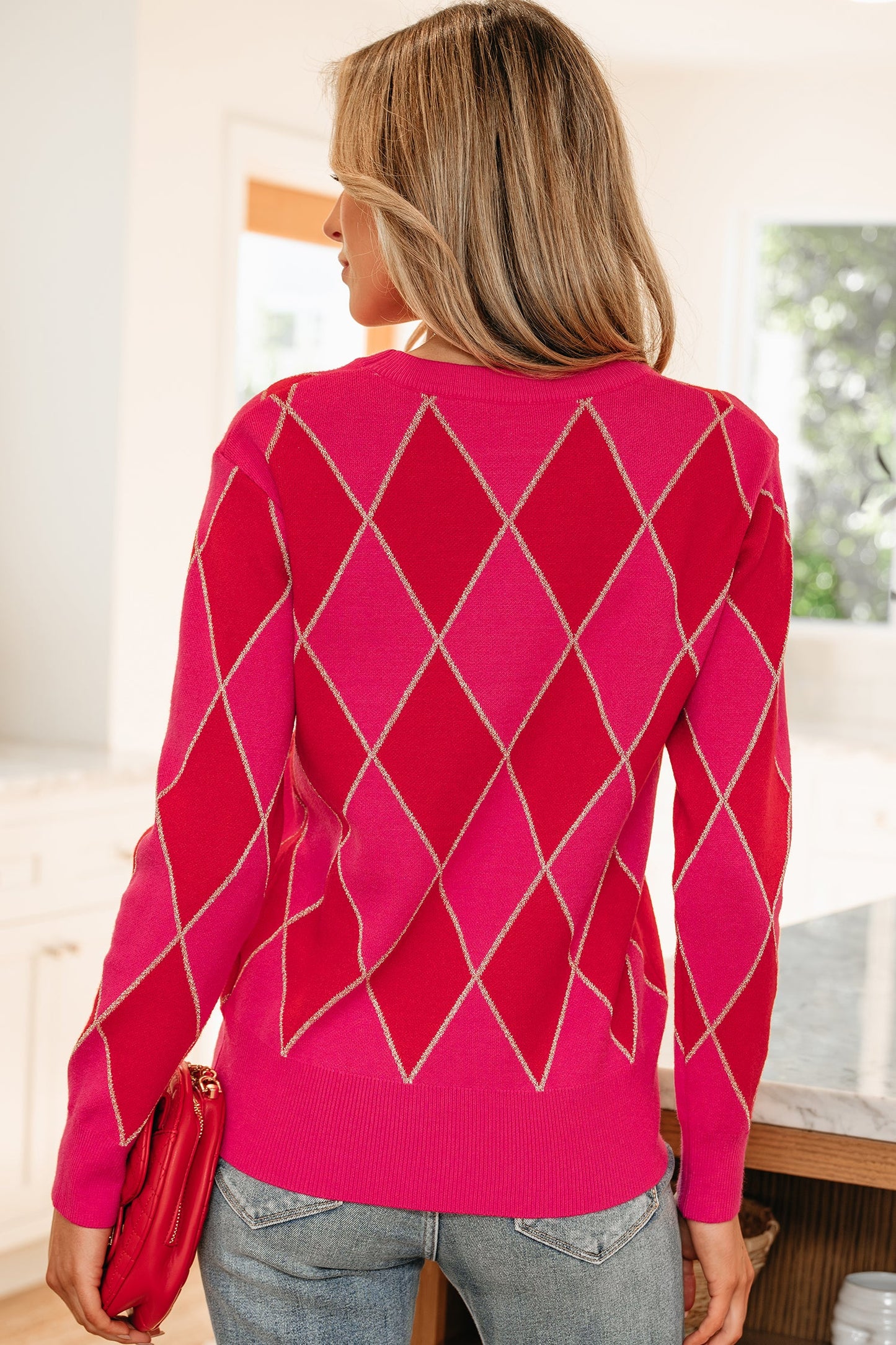 Glitter Rhombus Geometric Knit Crewneck Sweater