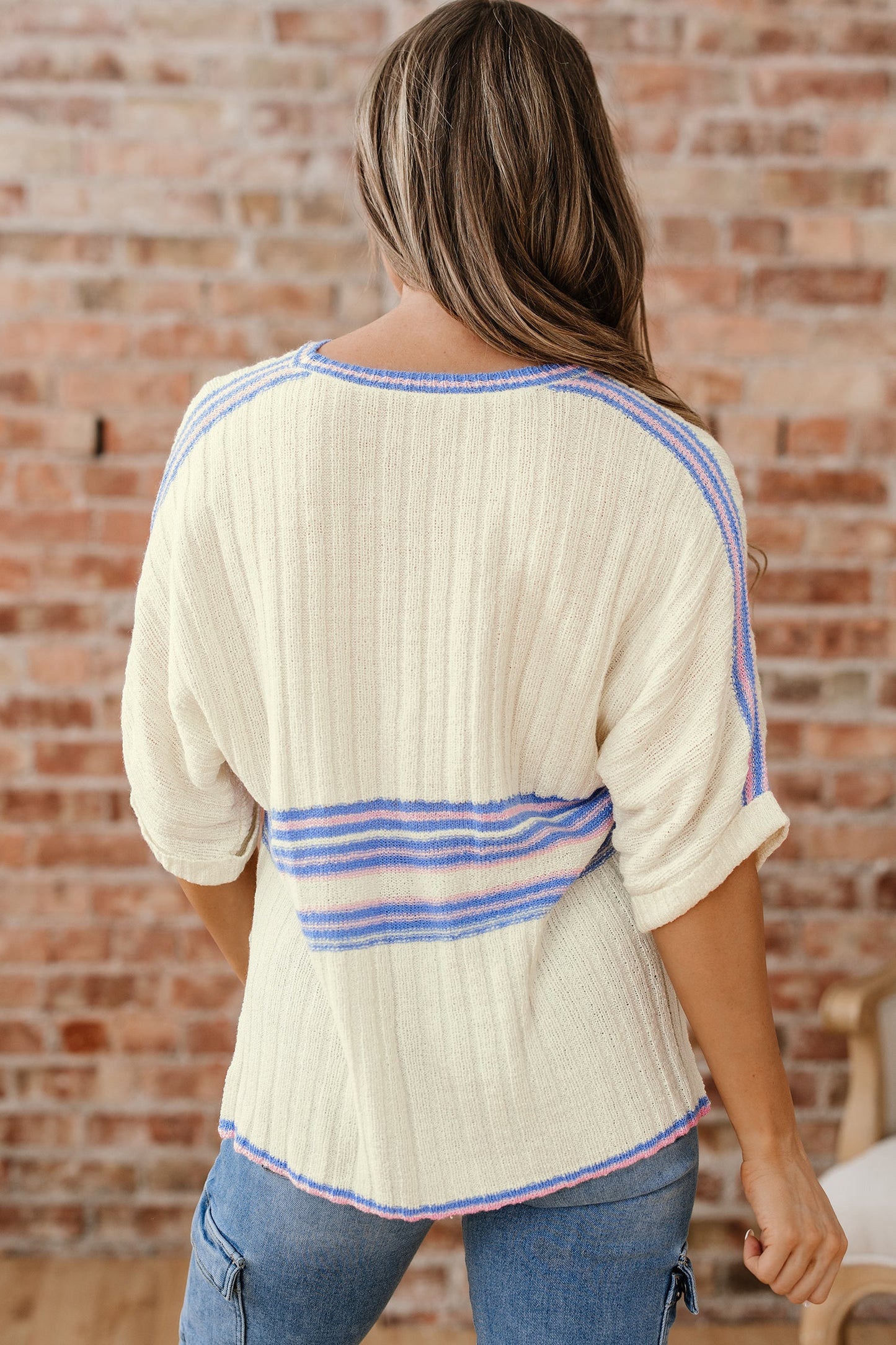 Stripe Ribbed Dolman Sleeve V-Neck Sweater