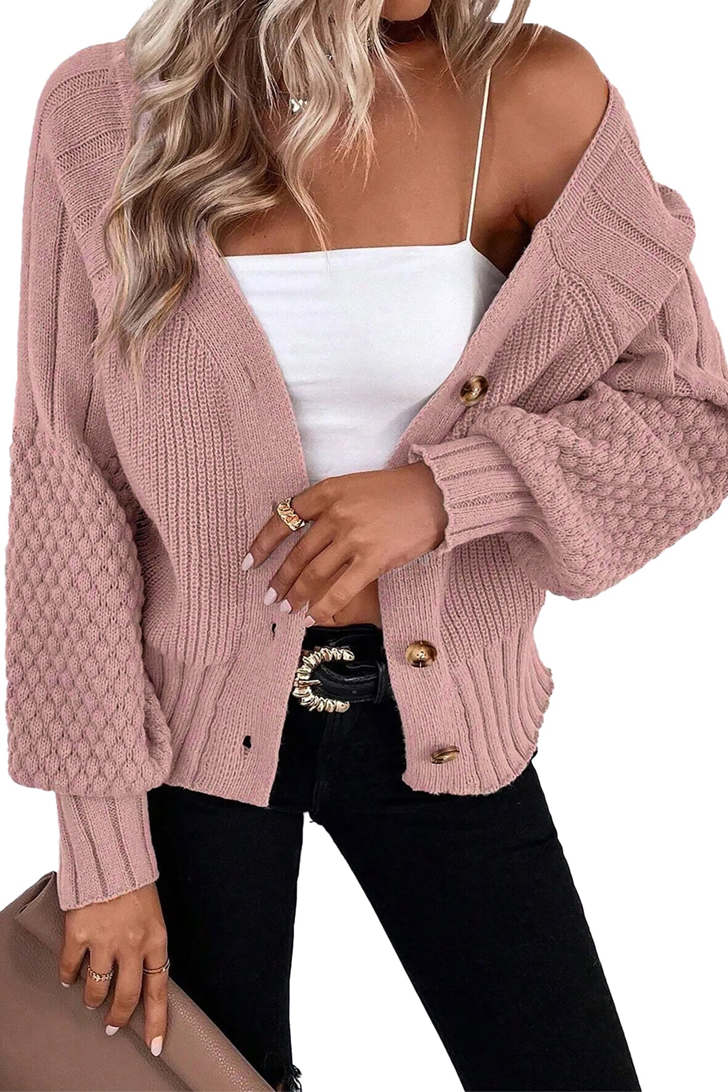 Textured Knit Button Front V-Neck Cardigan