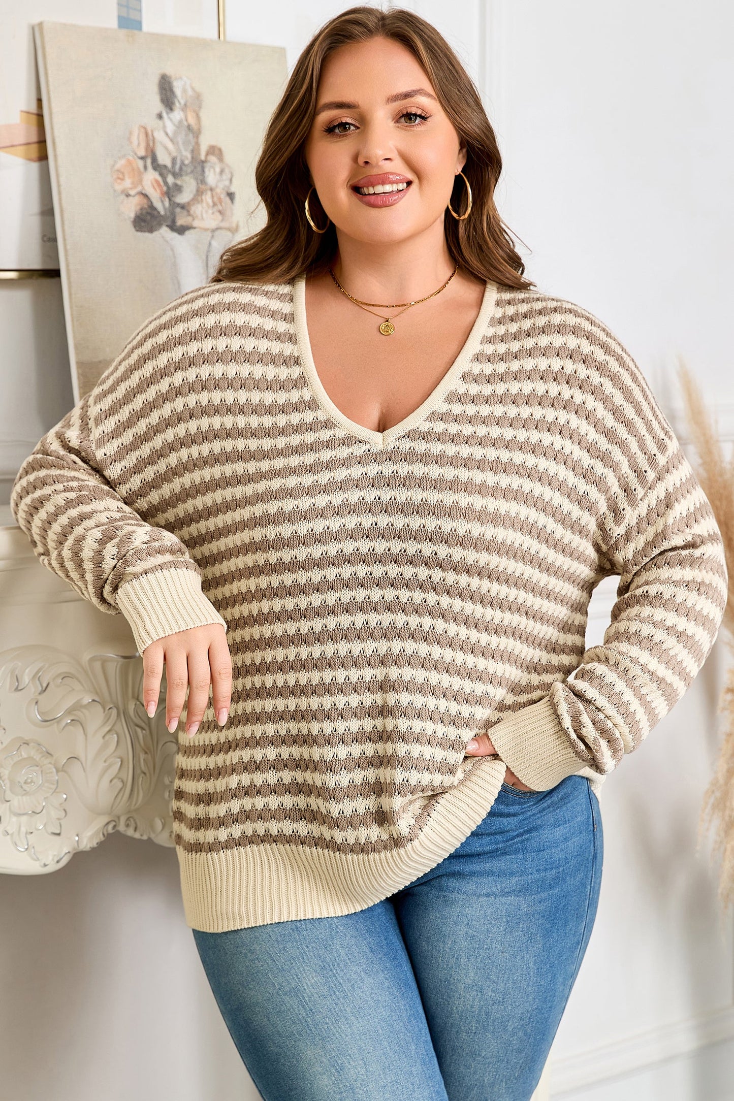 Plus Size Stripe V-Neck Drop Shoulder Sweater