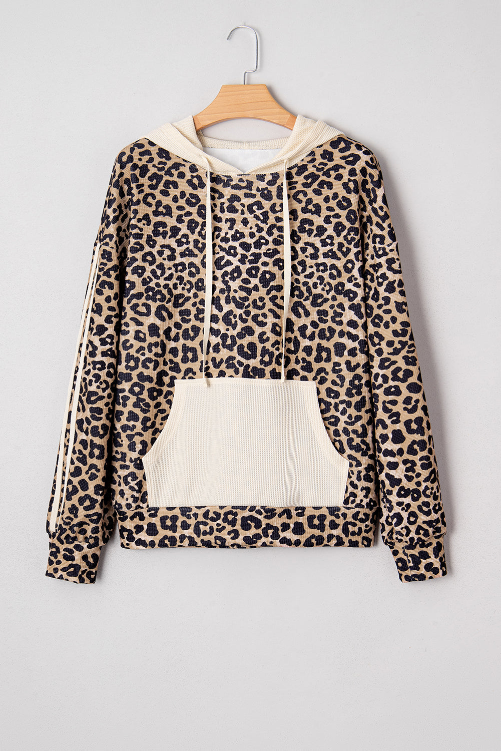 Leopard Waffle Knit Kangaroo Pocket Hooded Sweatshirt