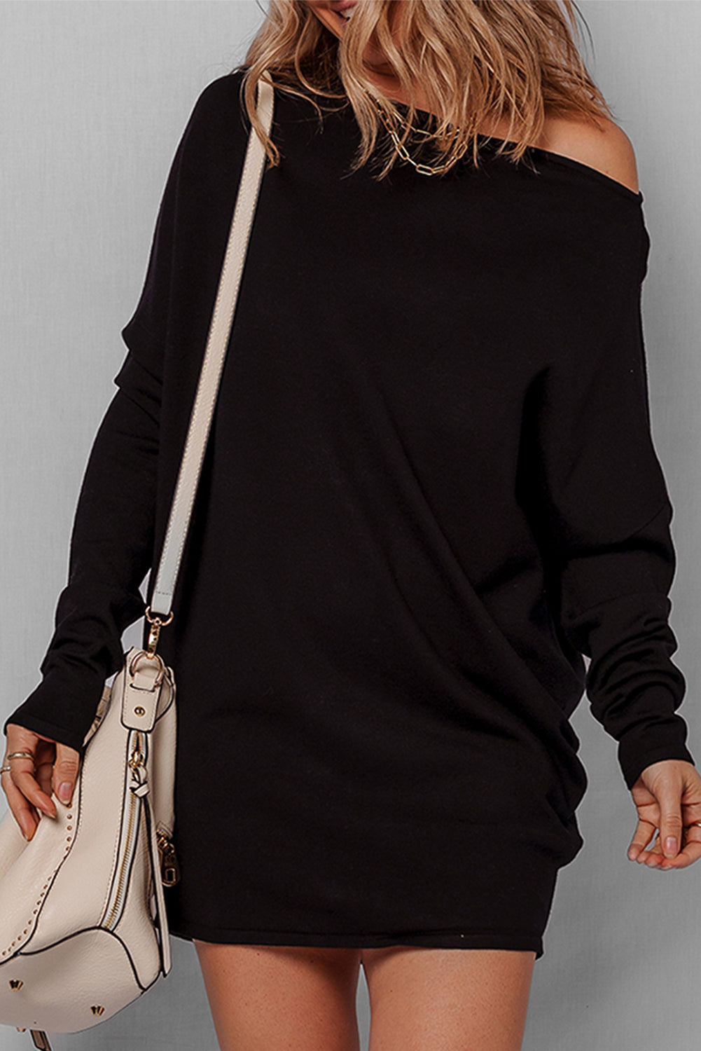 Solid Asymmetric Neck Sweater Mini Dress