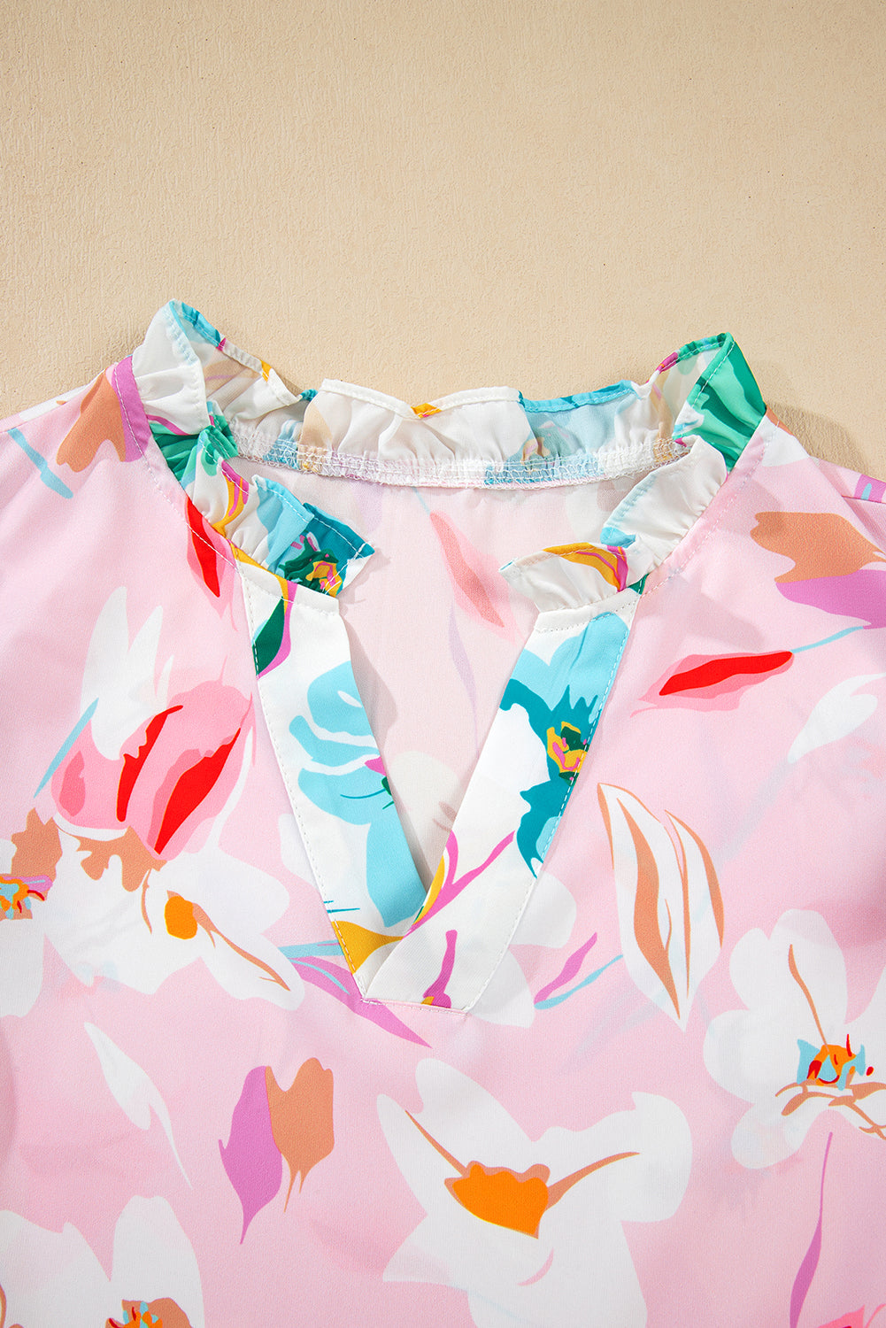 Floral Patchwork Notched Neck Flutter Sleeve Blouse