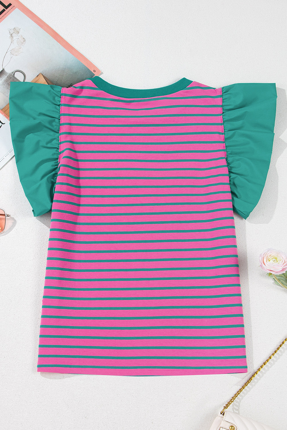 Stripe Colorblock Ruffle Sleeve Crewneck Blouse
