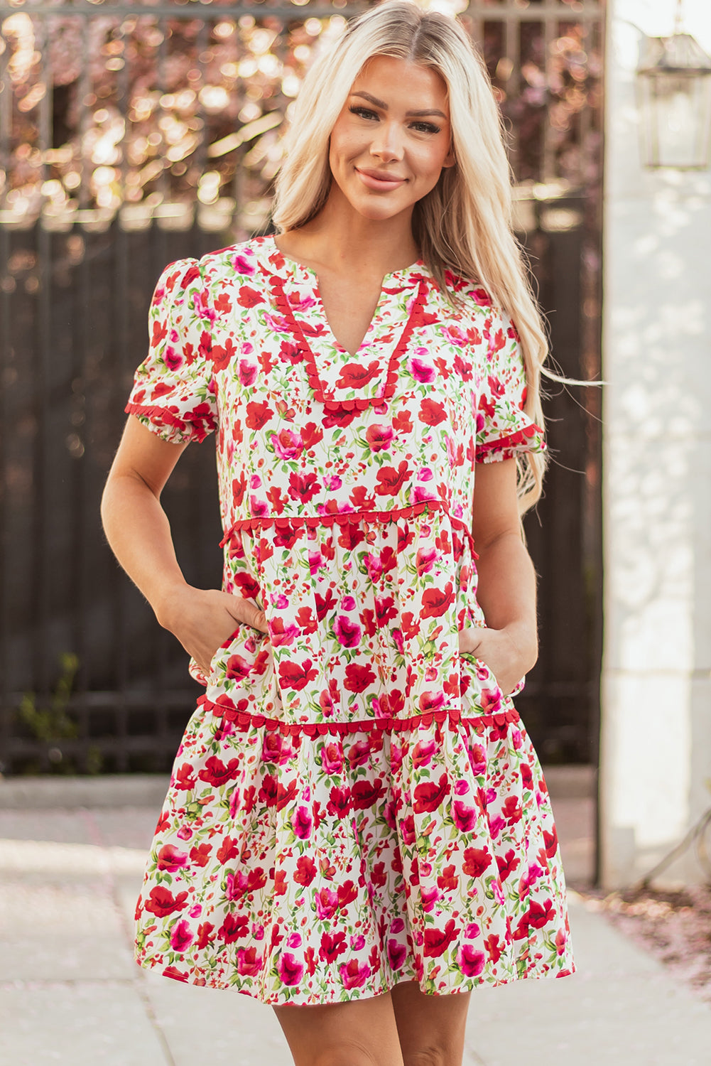 Floral Ricrac Puff Sleeve Pocketed Tiered Mini Dress