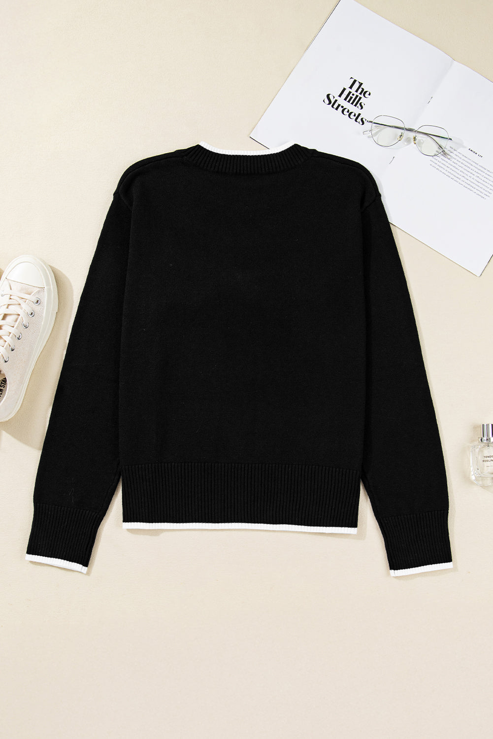 Bow Tie Contrast Trim Cropped Sweater