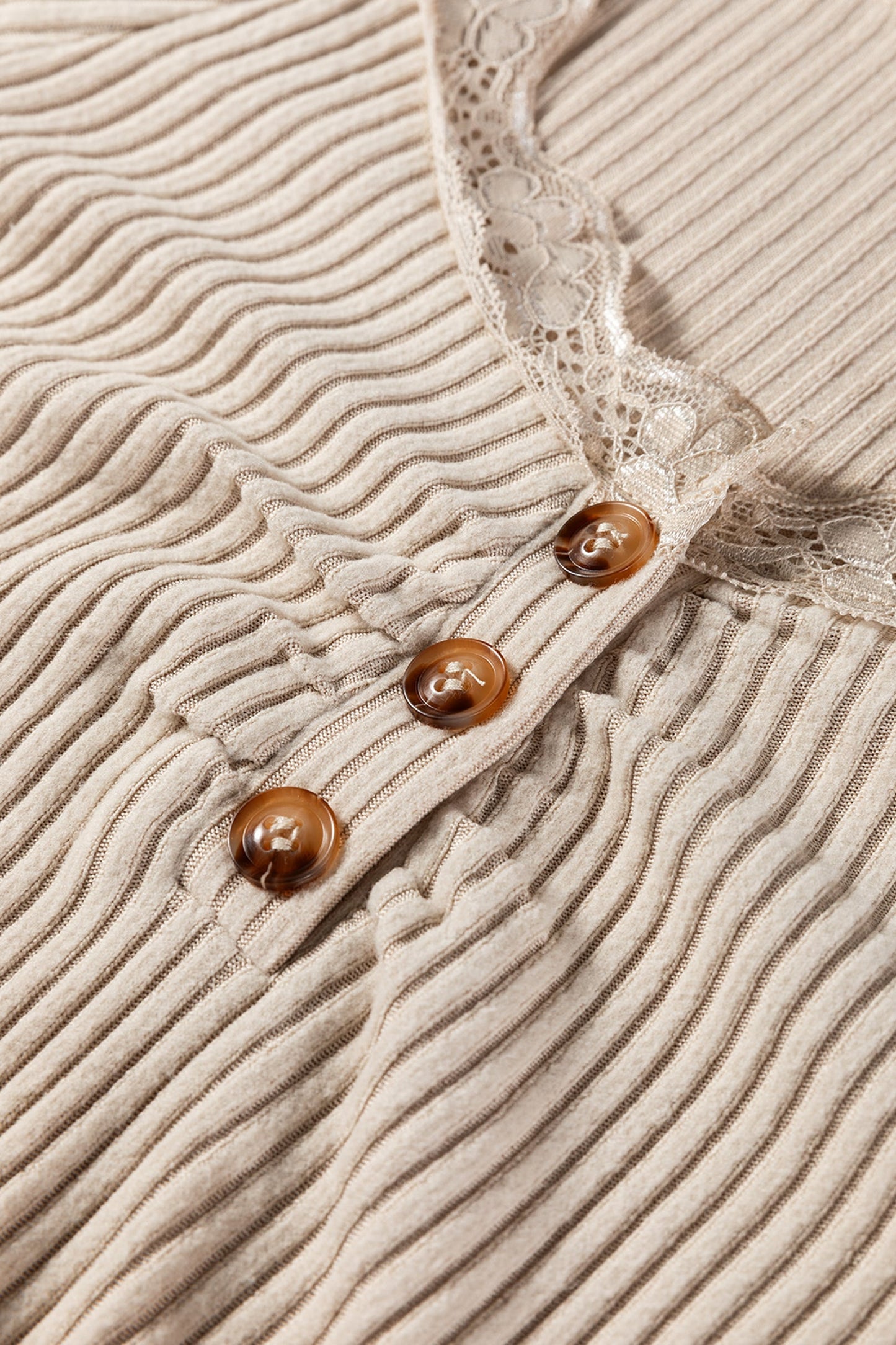 Solid Ribbed Lace Neckline Long Sleeve Top