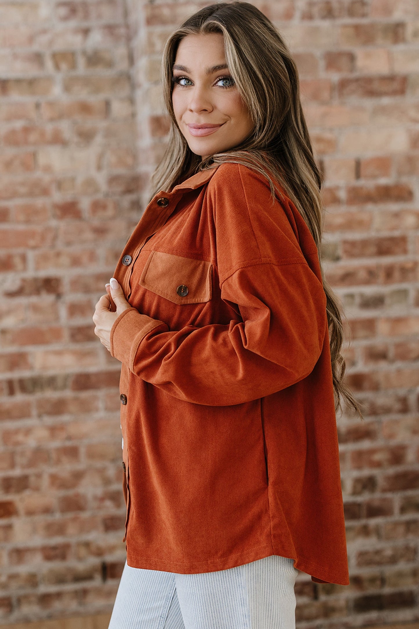 Velvet Button-Up Flap Pocket Drop Shoulder Shacket