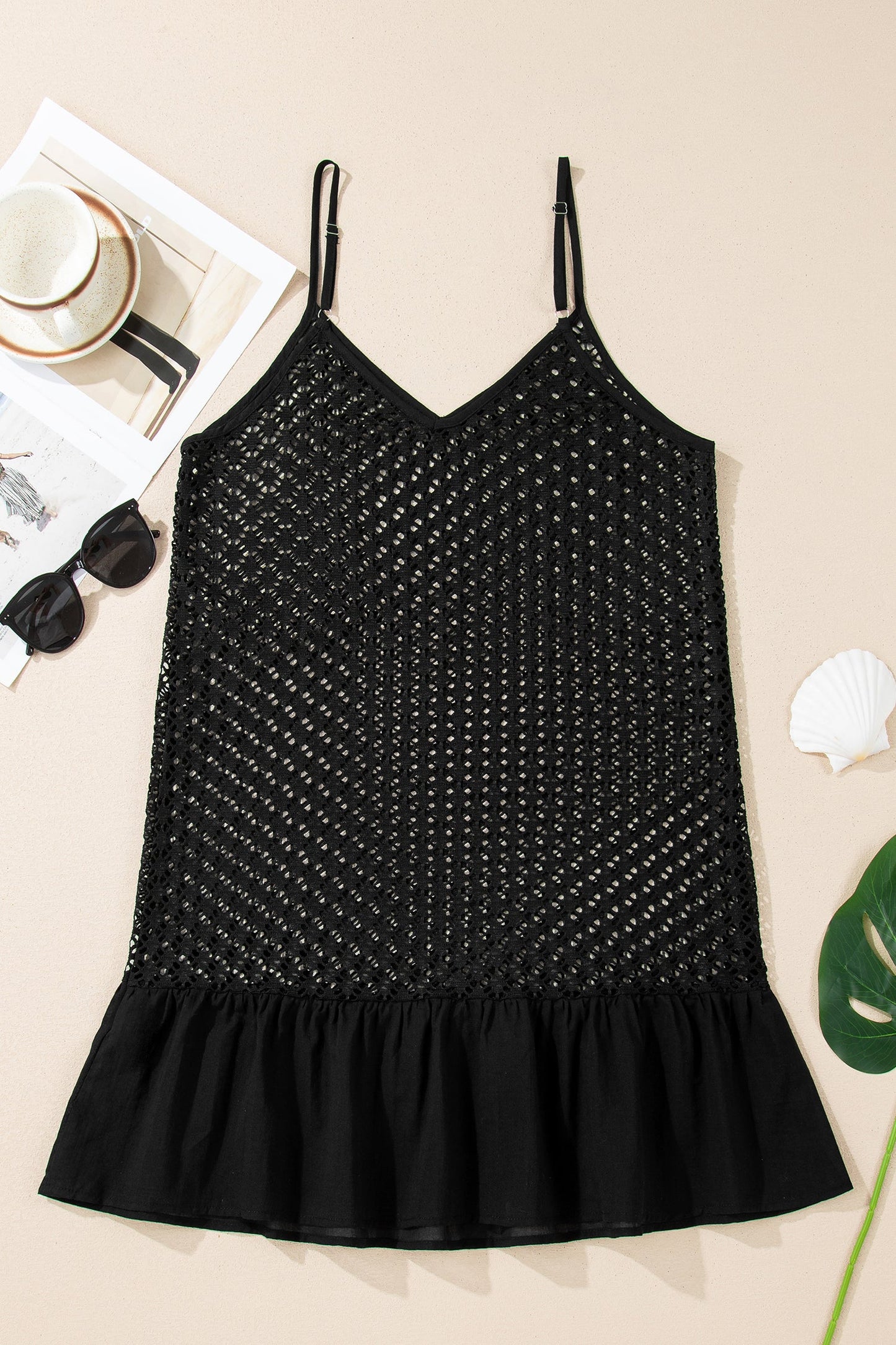 Crochet Patchwork Ruffle Hem Beach Cover-Up