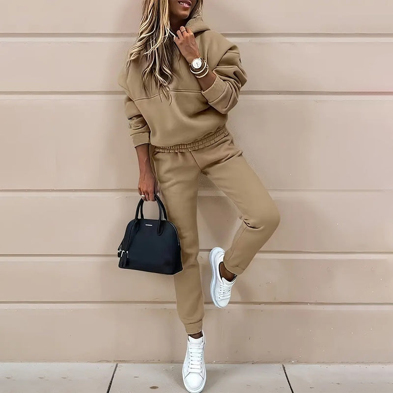 women's two piece solid color hooded sweatshirt set