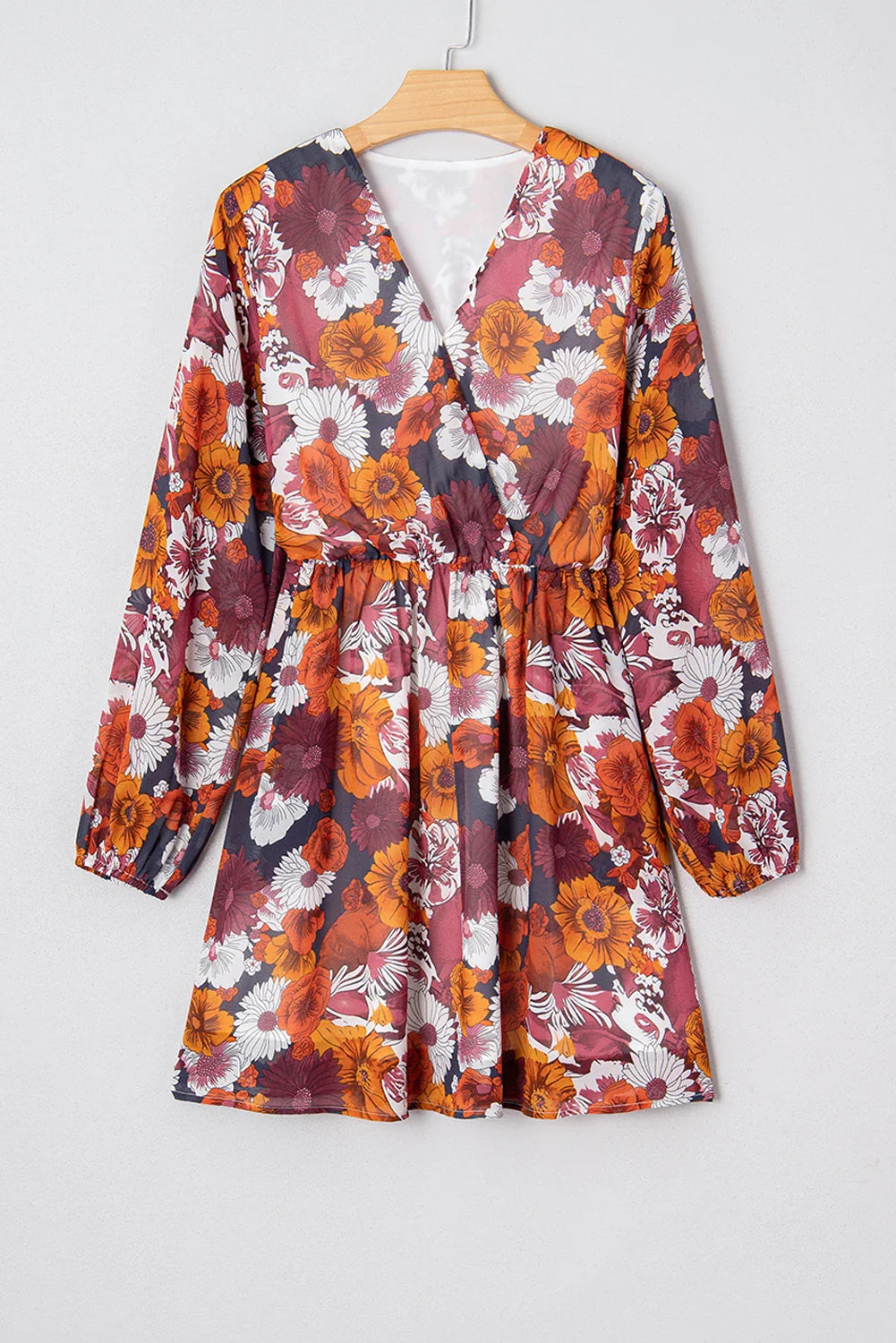 Floral Wrap V-Neck Puff Sleeve Mini Dress