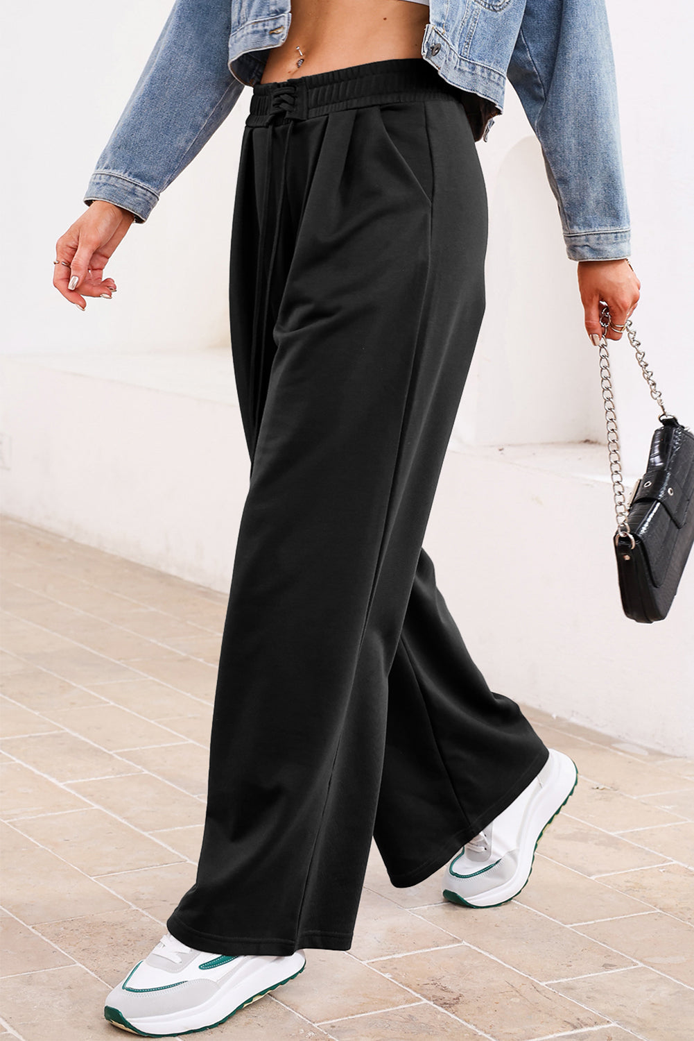 Solid Tied High-Waist Pleated Sweatpants