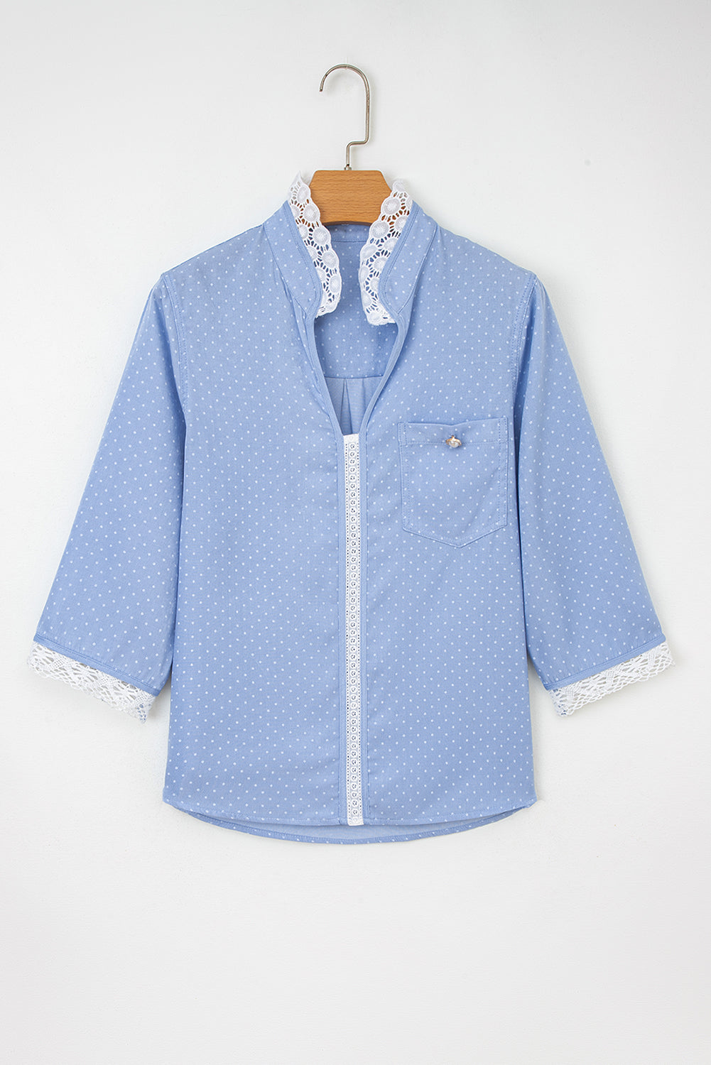 Dotted Denim Lace Trim Collared V-Neck Blouse