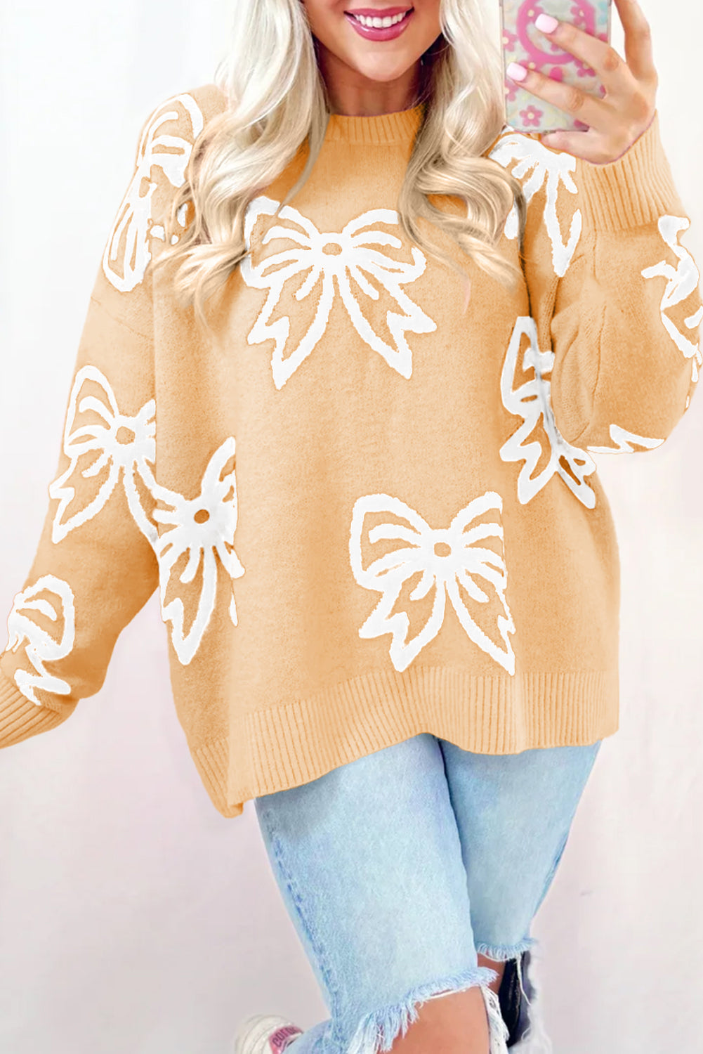 Bow Drop Shoulder Long Sleeve Sweater