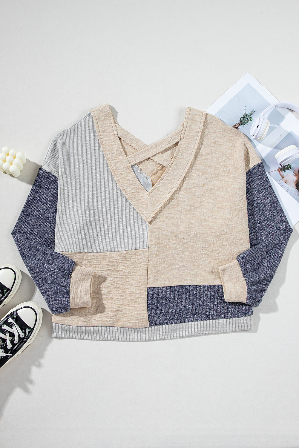 Plus Size Textured Patchwork Long Sleeve V-Neck Top