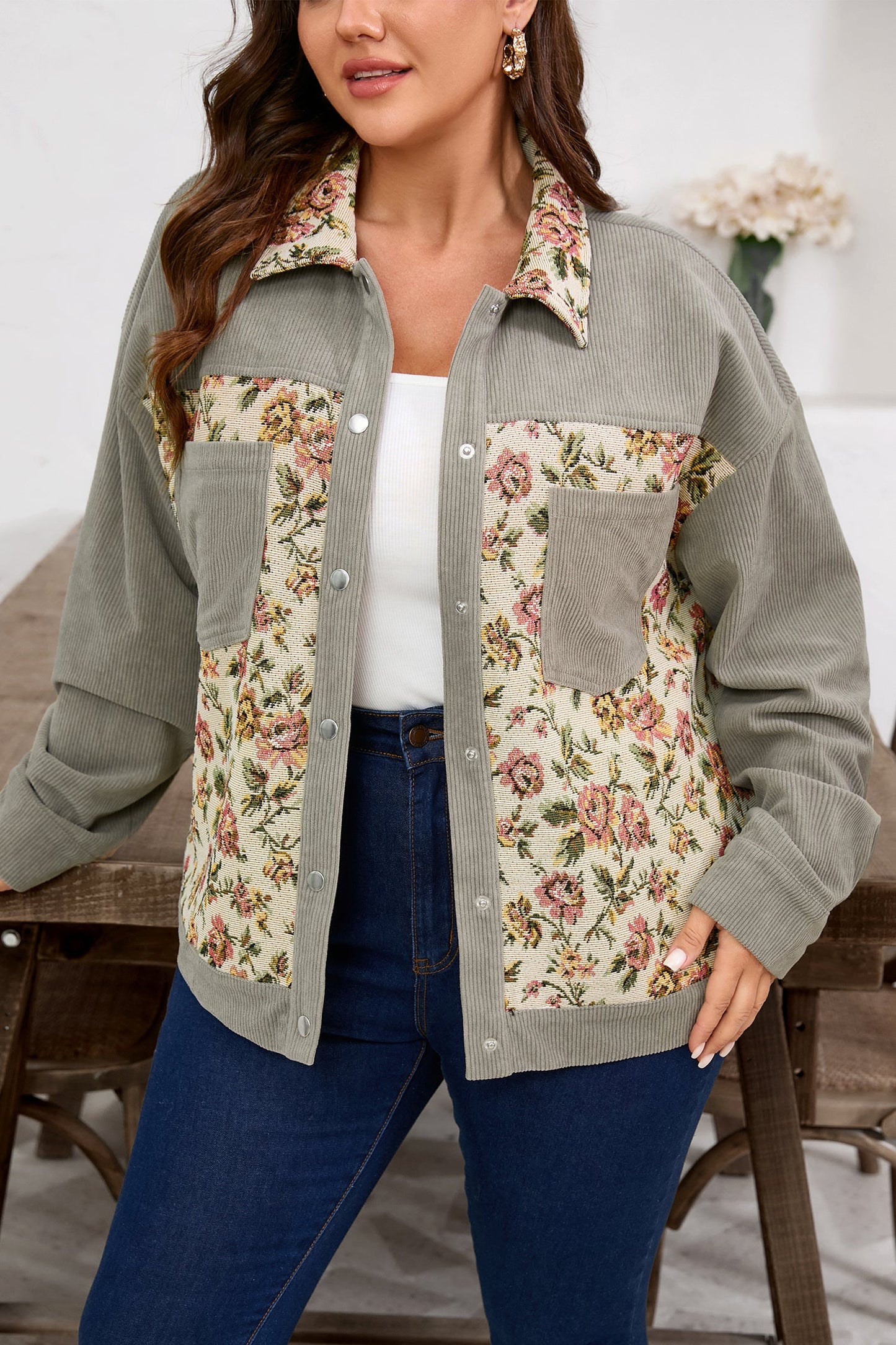Plus Size Floral Patchwork Corduroy Pocketed Jacket