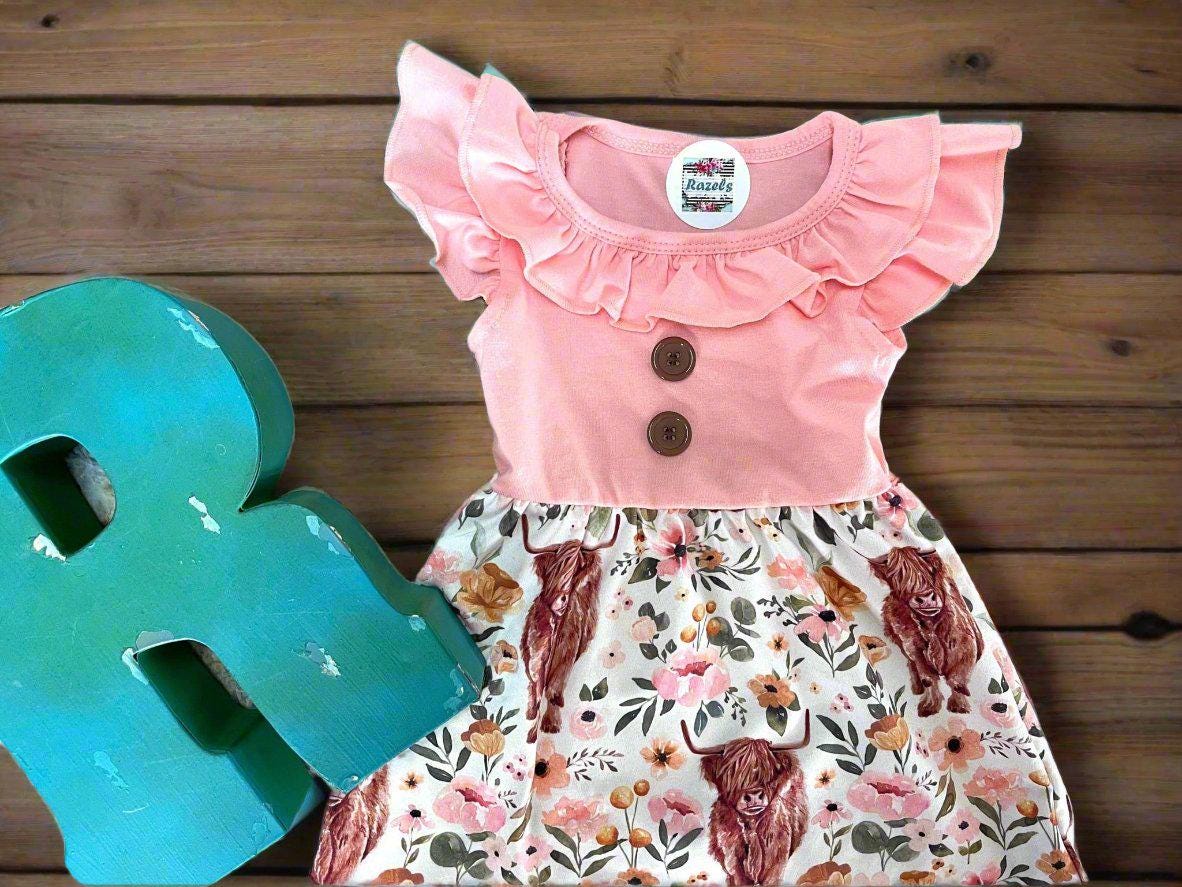 Girls Highland Cow Dress: Floral Western Summer Clothes