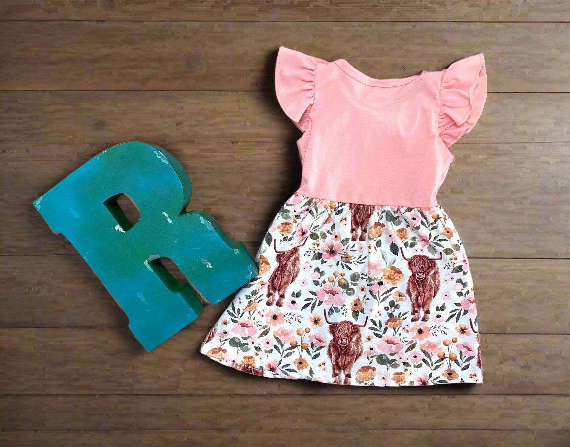 Girls Highland Cow Dress: Floral Western Summer Clothes