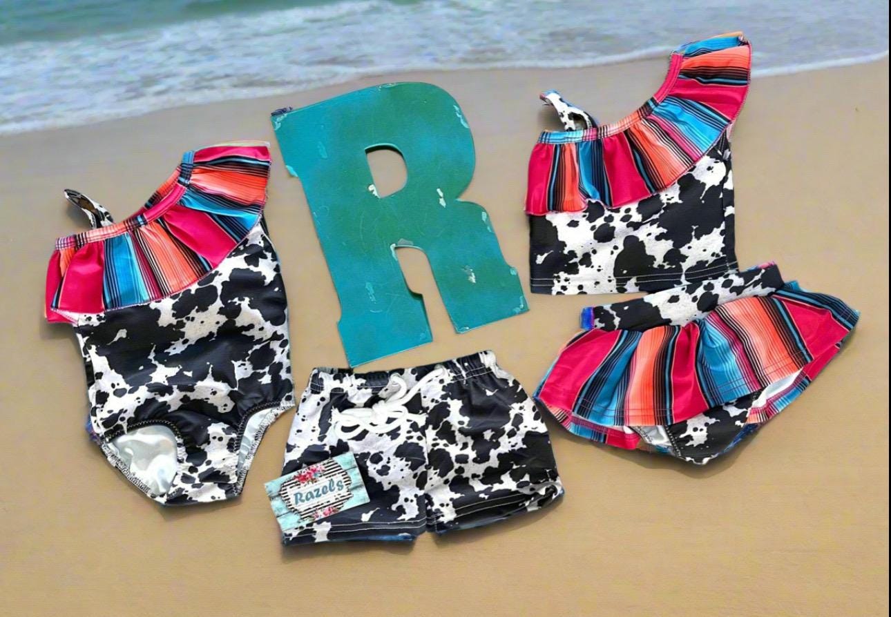 Cow Print Serape Swimsuit: Matching Western Sibling Swimwear