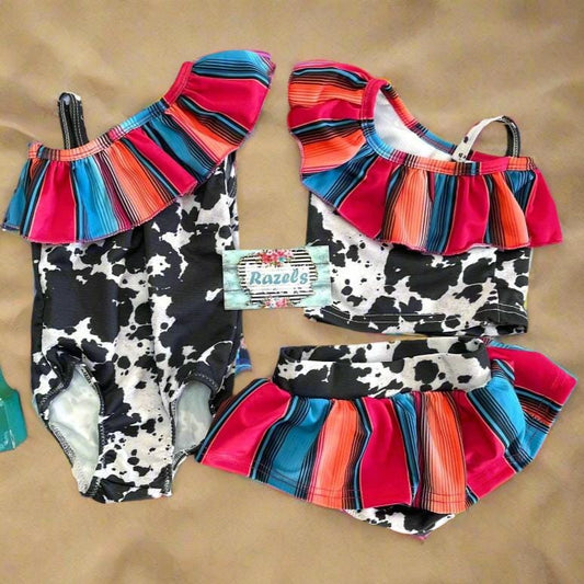 Cow Print Serape Swimsuit: Matching Western Sibling Swimwear