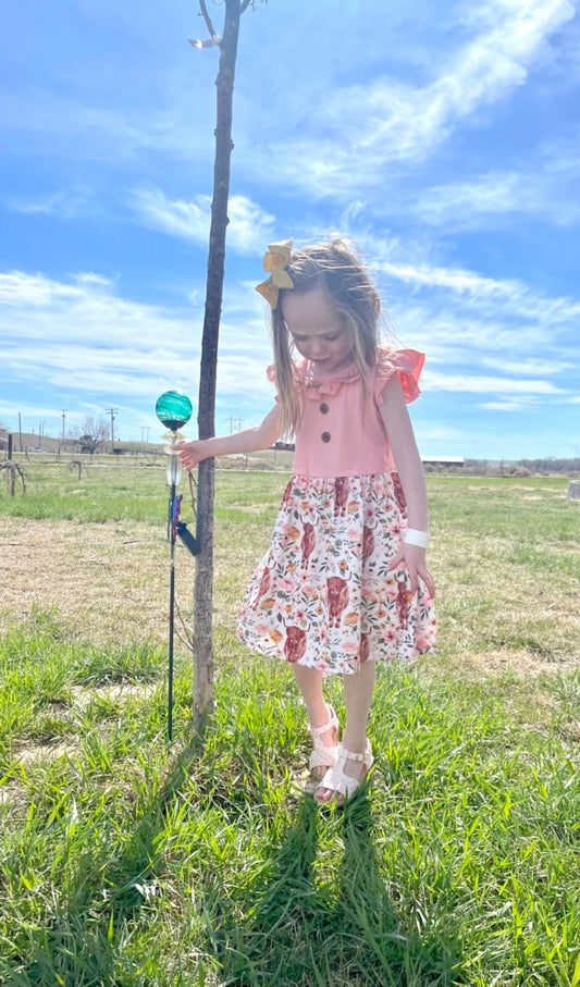 Girls Highland Cow Dress: Floral Western Summer Clothes