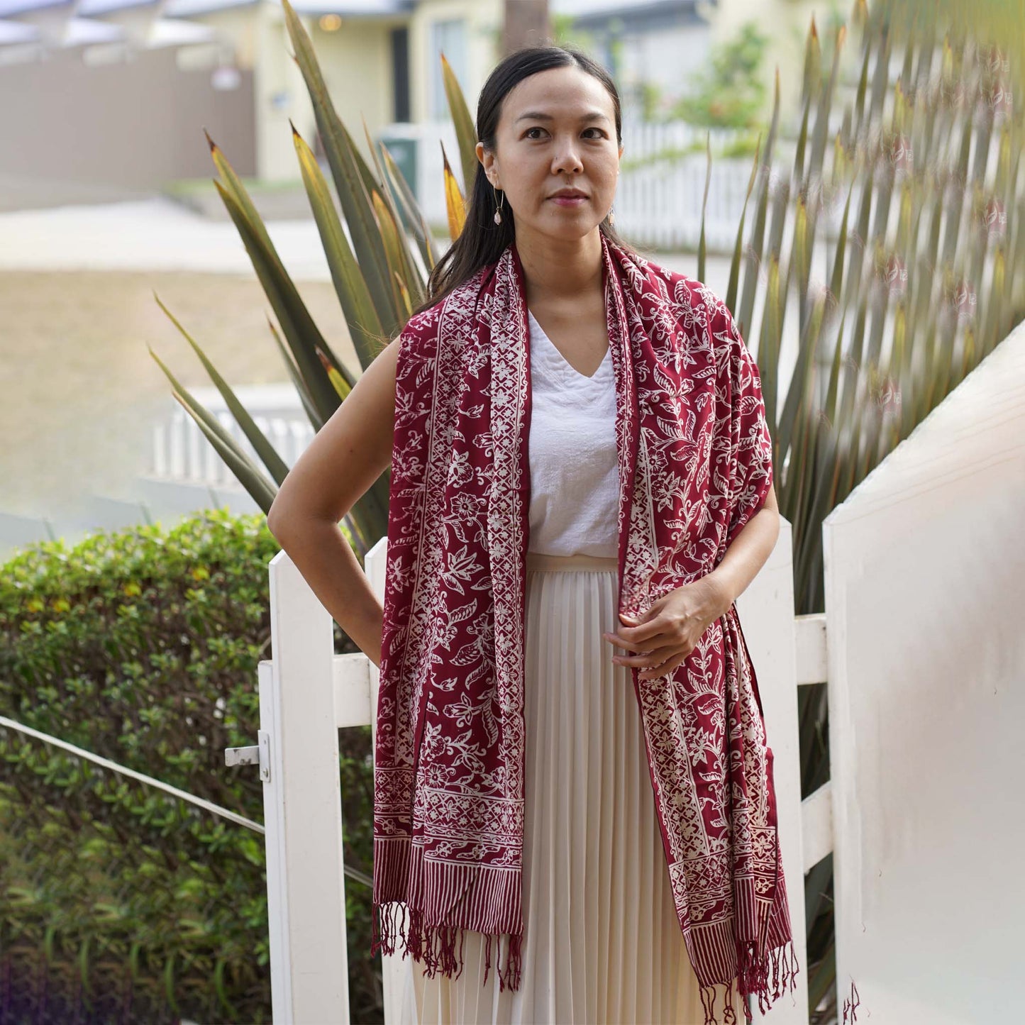 Handmade Batik Scarf, soft Cotton, Red White Cherish, Burgundy