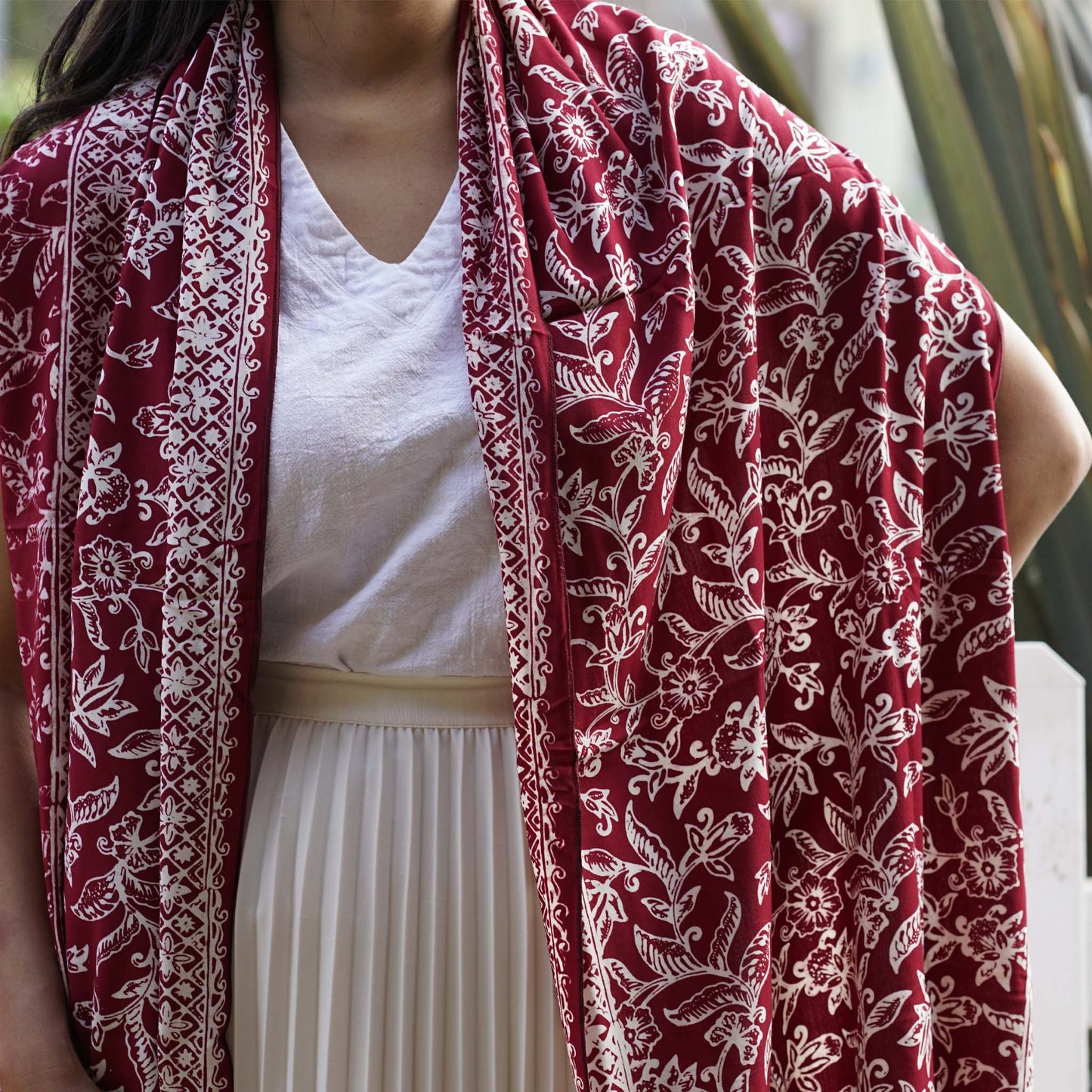 Handmade Batik Scarf, soft Cotton, Red White Cherish, Burgundy