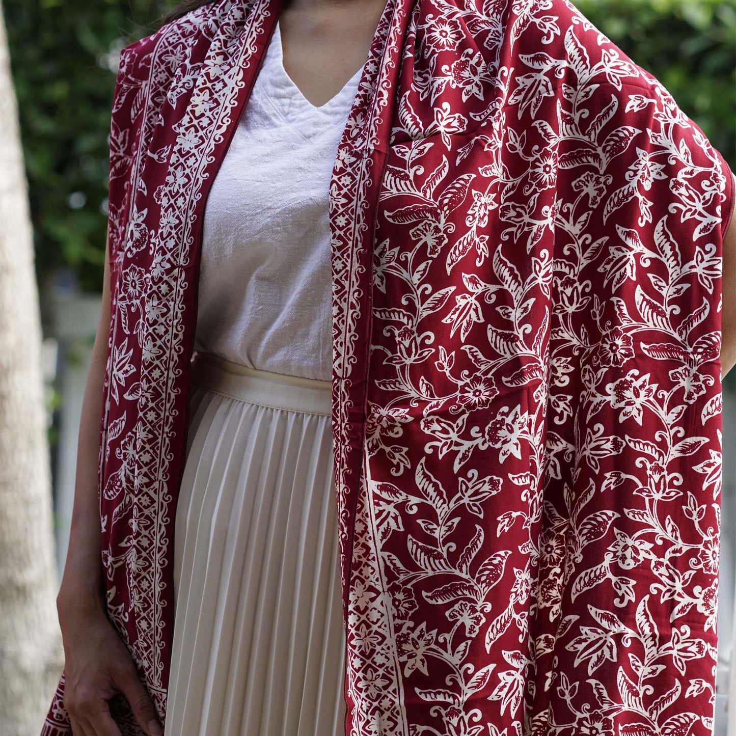 Handmade Batik Scarf, soft Cotton, Red White Cherish, Burgundy