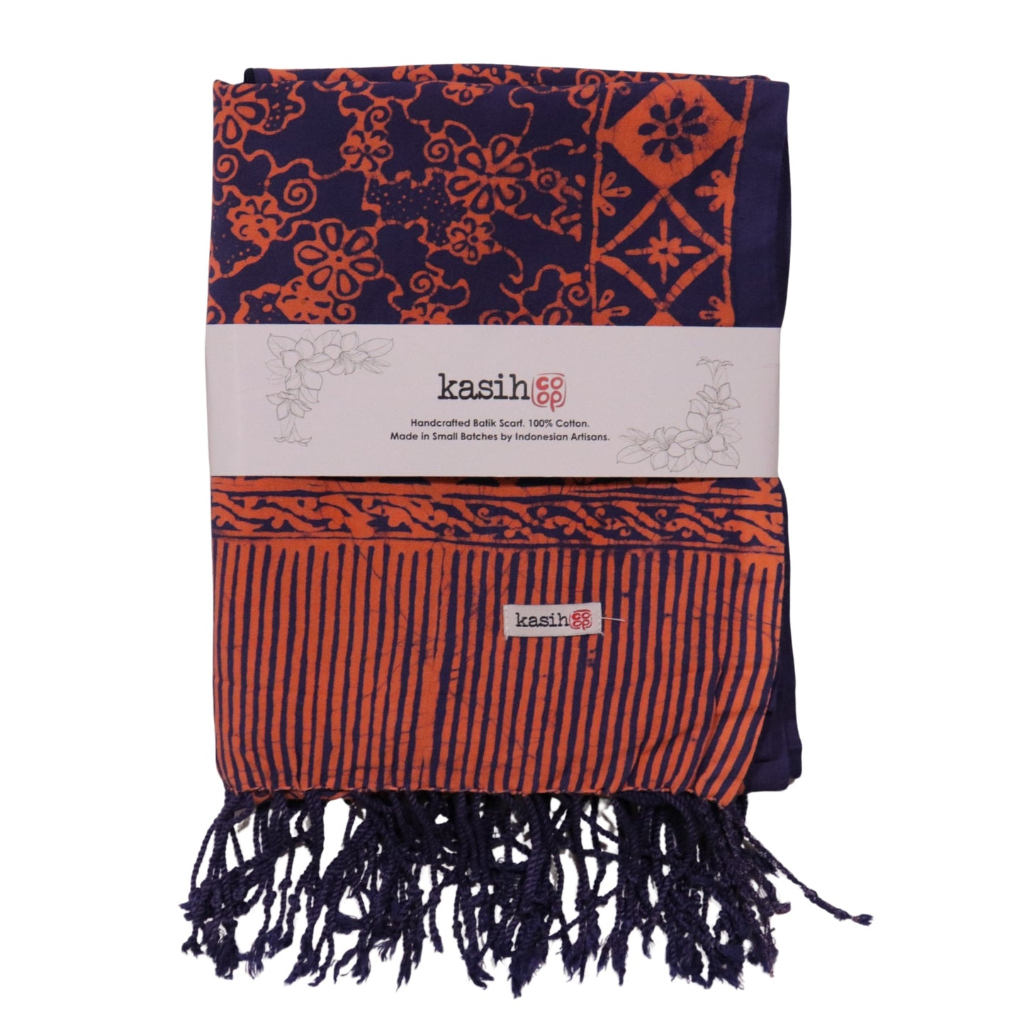 Hand Dyed Batik Scarf, Soft Cotton, Mangosteen, Blue, Pink, Fruit, Floral