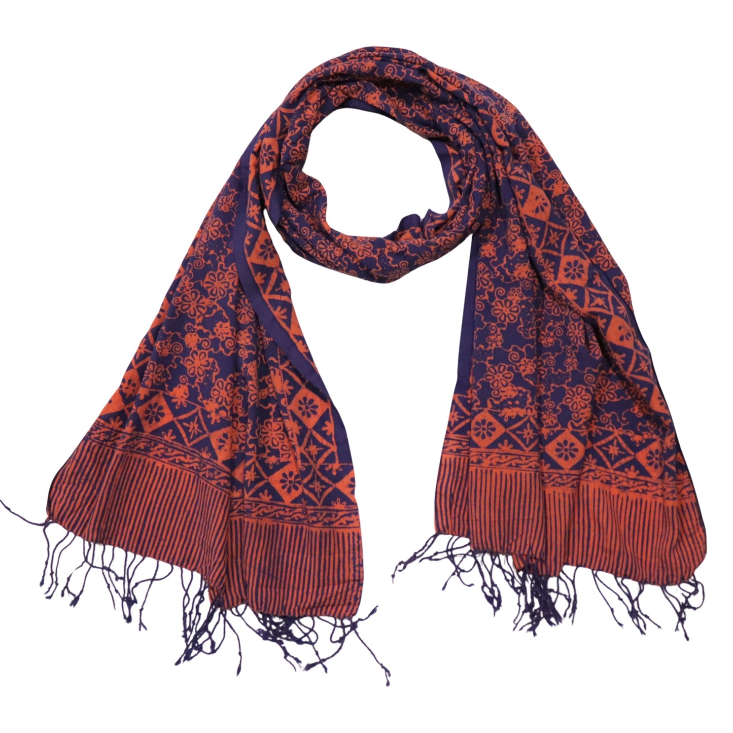 Hand Dyed Batik Scarf, Soft Cotton, Mangosteen, Blue, Pink, Fruit, Floral