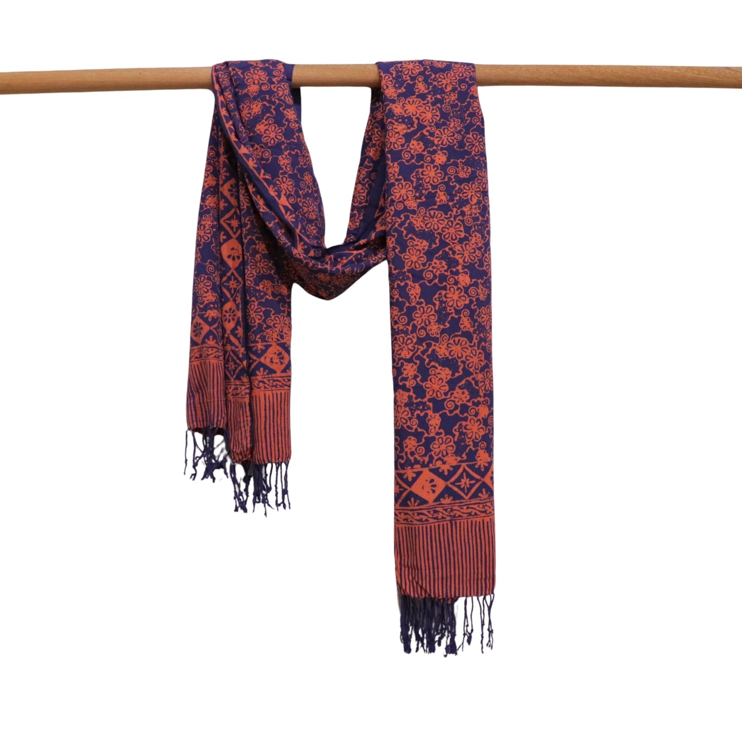 Hand Dyed Batik Scarf, Soft Cotton, Mangosteen, Blue, Pink, Fruit, Floral