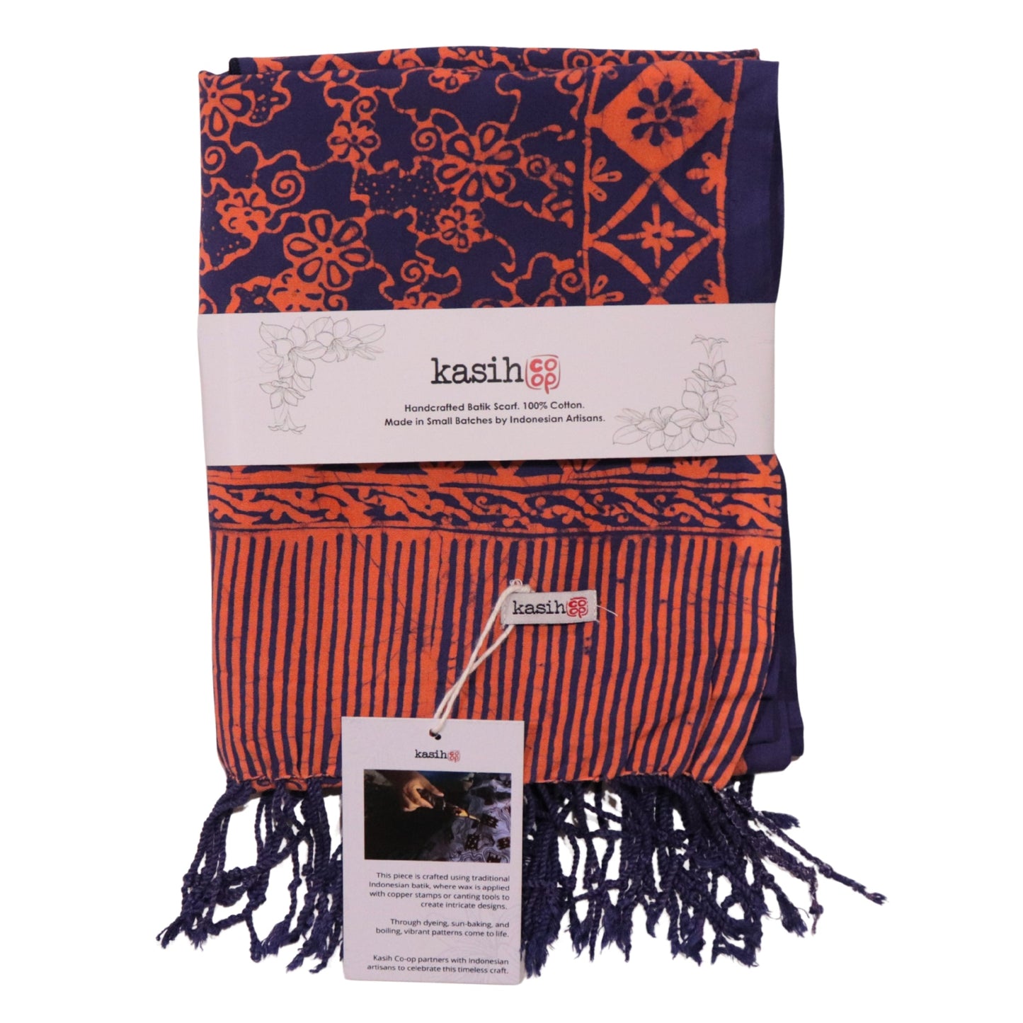 Hand Dyed Batik Scarf, Soft Cotton, Mangosteen, Blue, Pink, Fruit, Floral