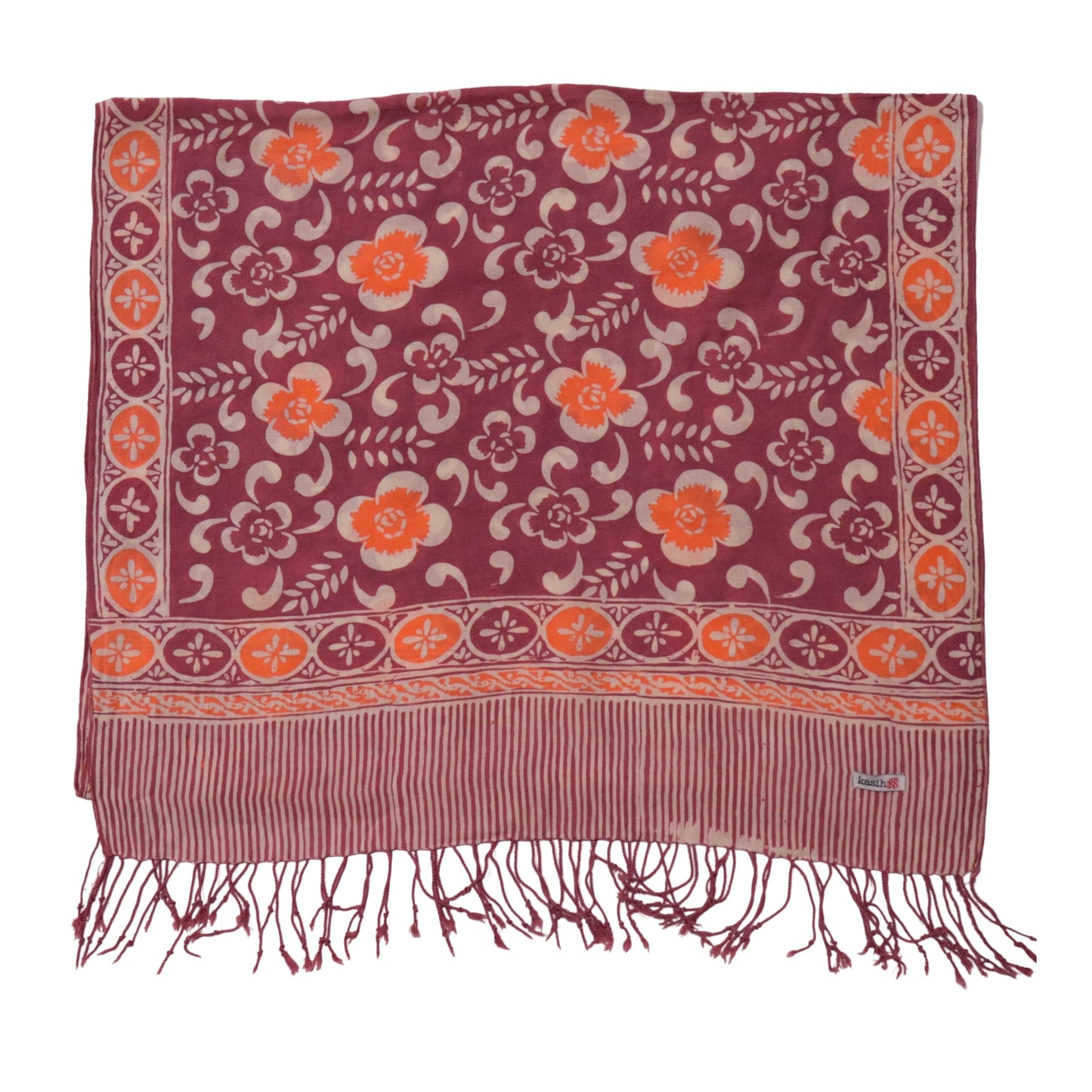 Handmade Batik Scarf, Cotton, Plumeria, Pink, Purple, Peach