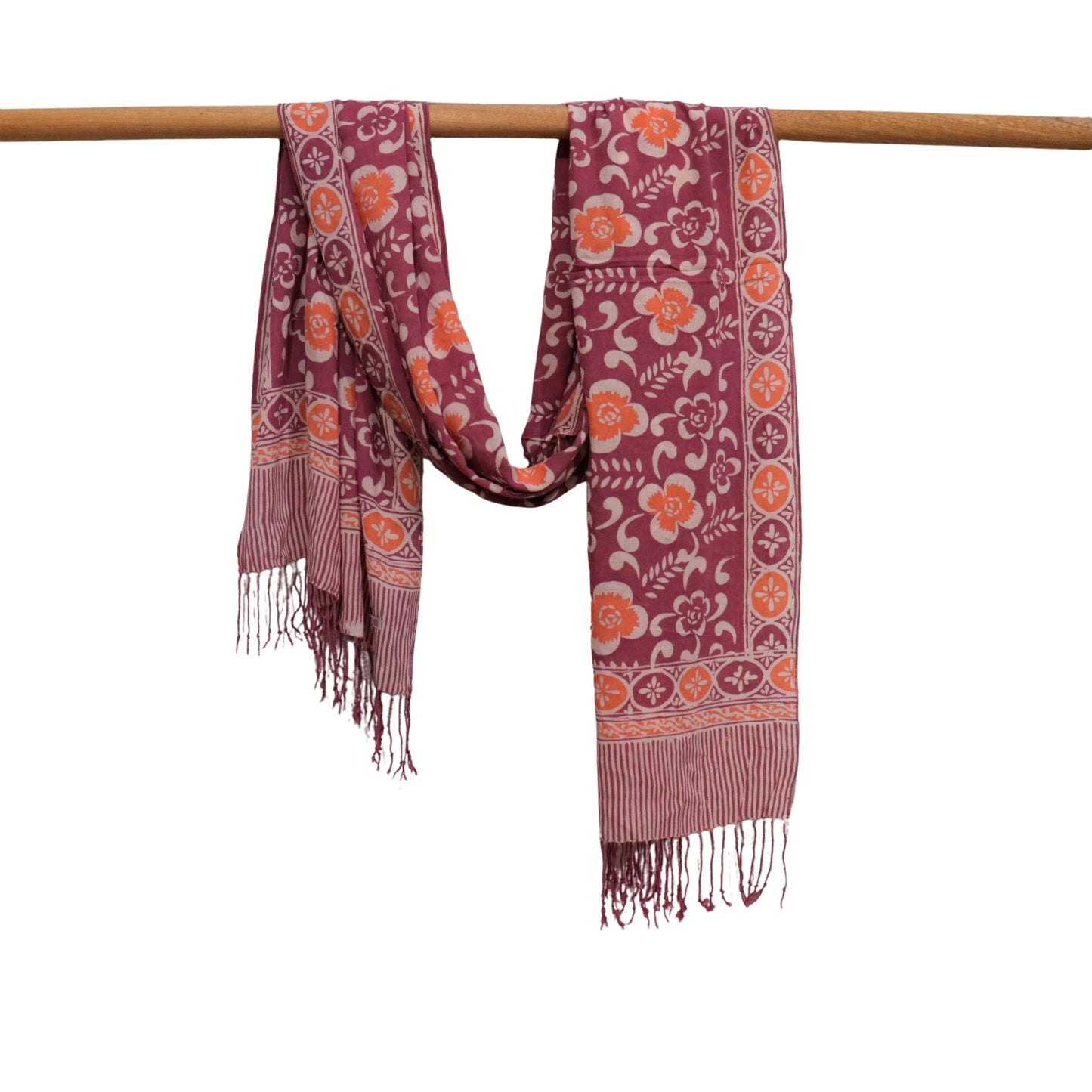 Handmade Batik Scarf, Cotton, Plumeria, Pink, Purple, Peach