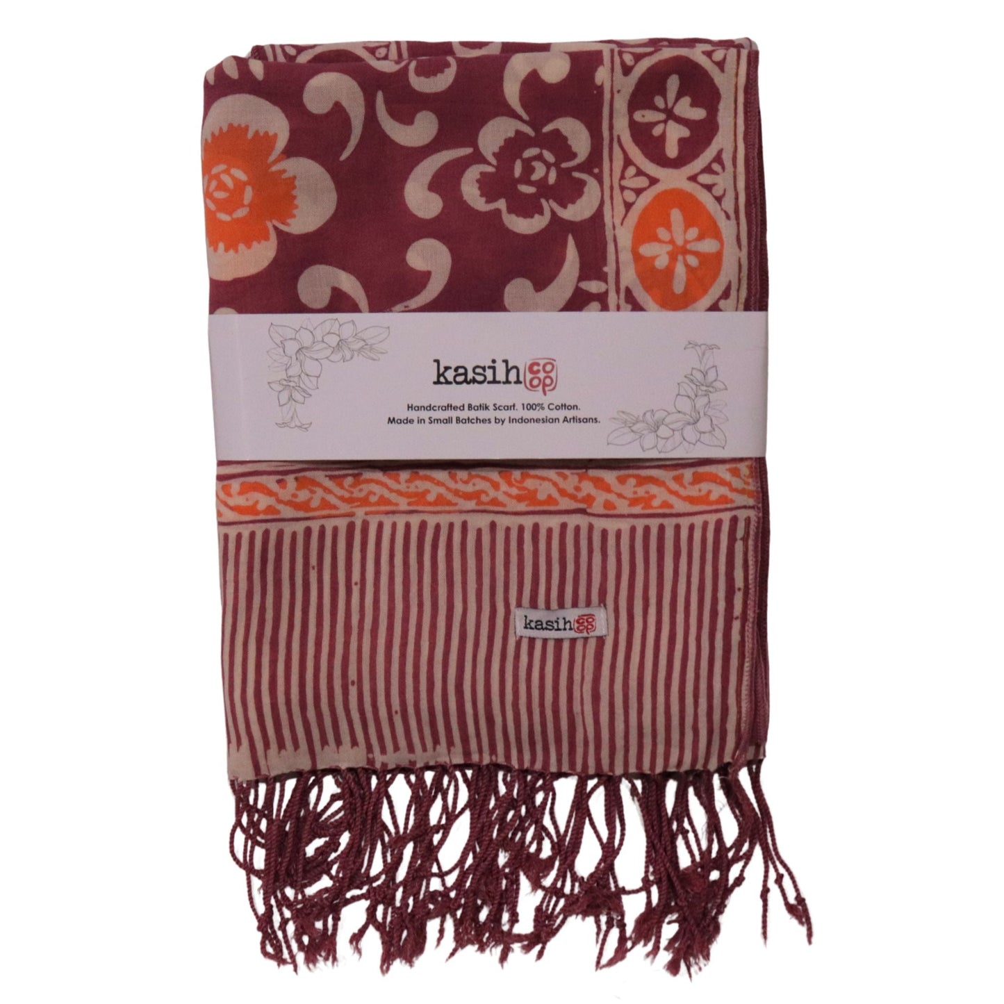 Handmade Batik Scarf, Cotton, Plumeria, Pink, Purple, Peach