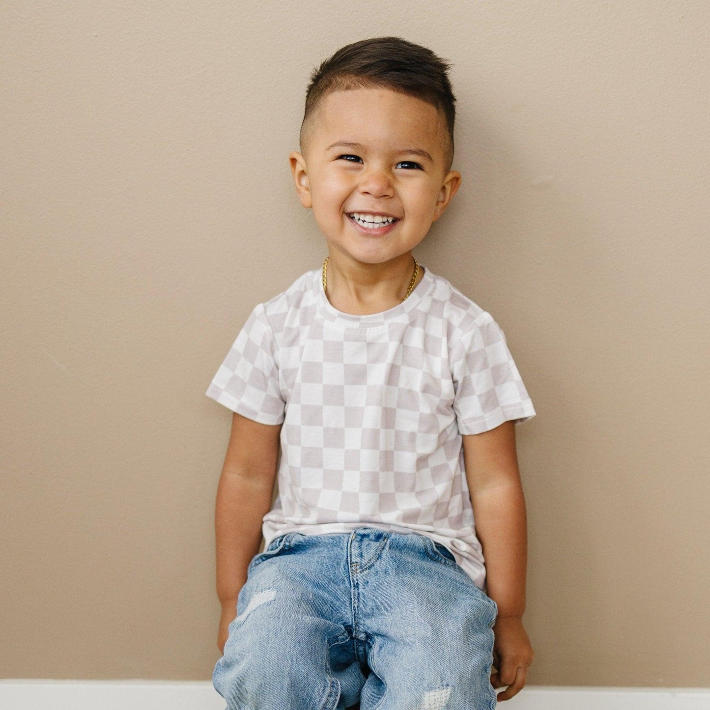 Neutral Checkered Bamboo Tee *Sizes 3/6m & sz 6 left