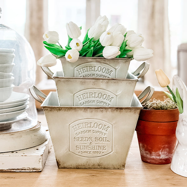 Vintage Inspired Heirloom Garden Supply Metal Planters, Set of Three