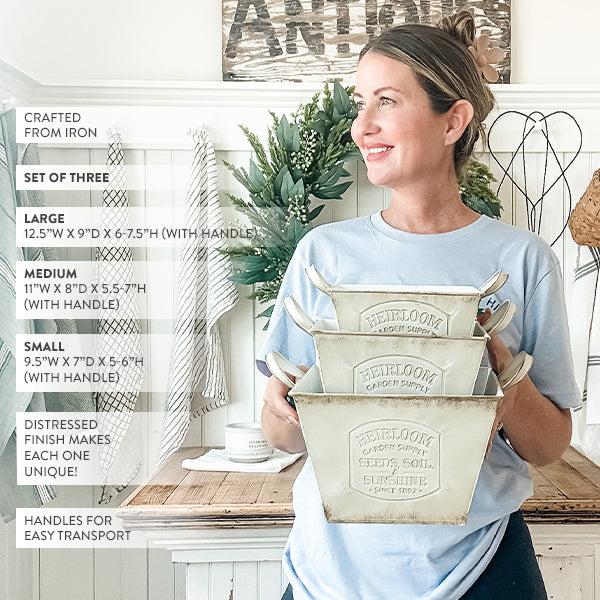 Vintage Inspired Heirloom Garden Supply Metal Planters, Set of Three