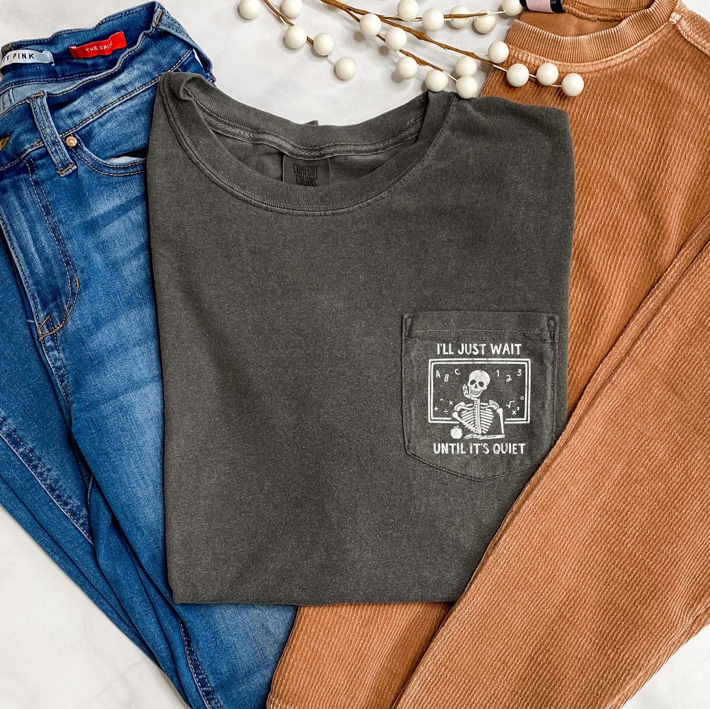 I'll Just Wait Teacher Halloween Pocket Comfort Colors Tshirt