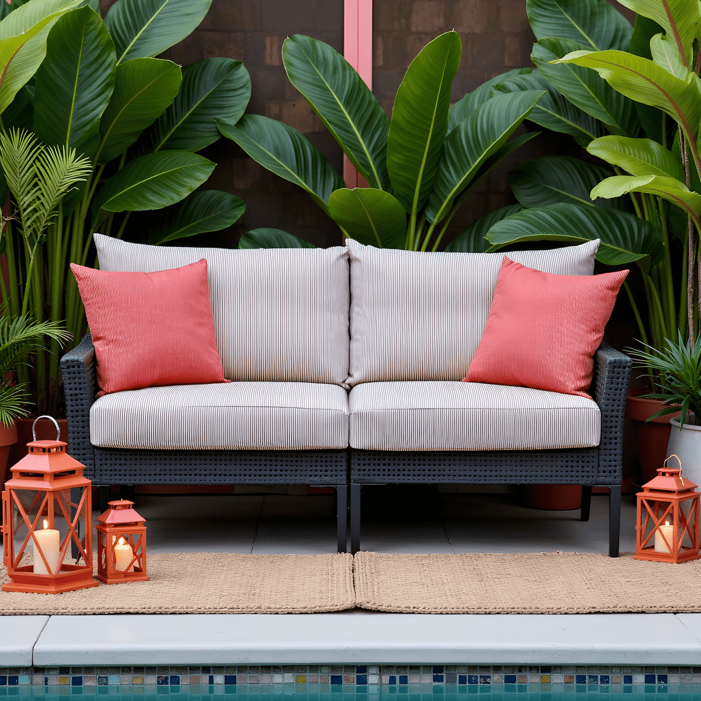 8-PIECE DELUXE BUNDLE, Beige Stripe Outdoor Cushion Cover Set and Chair Pads – Compatible with IKEA Duvholmen