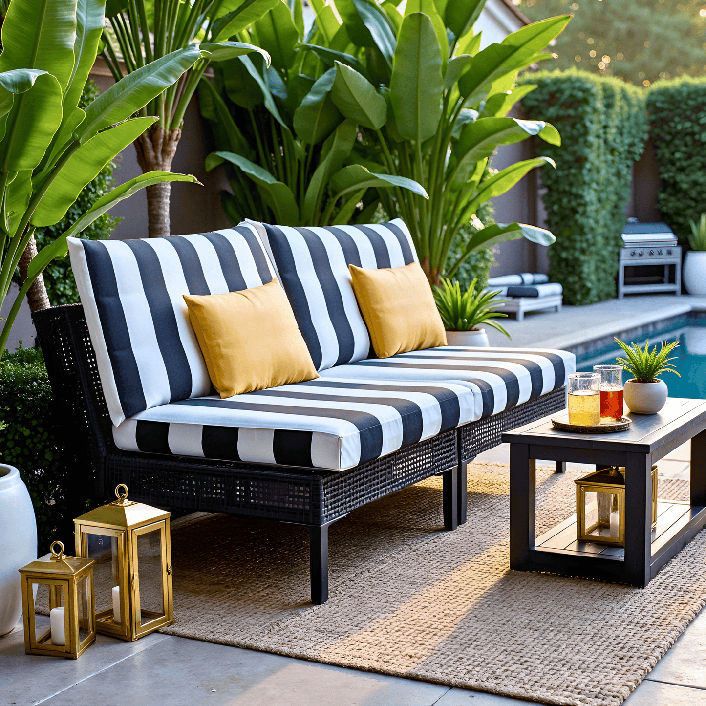 8-PIECE DELUXE BUNDLE Outdoor Cushion Covers and Chair Pads – Compatible with IKEA Duvholmen, Chic Black and White Cabana Stripe